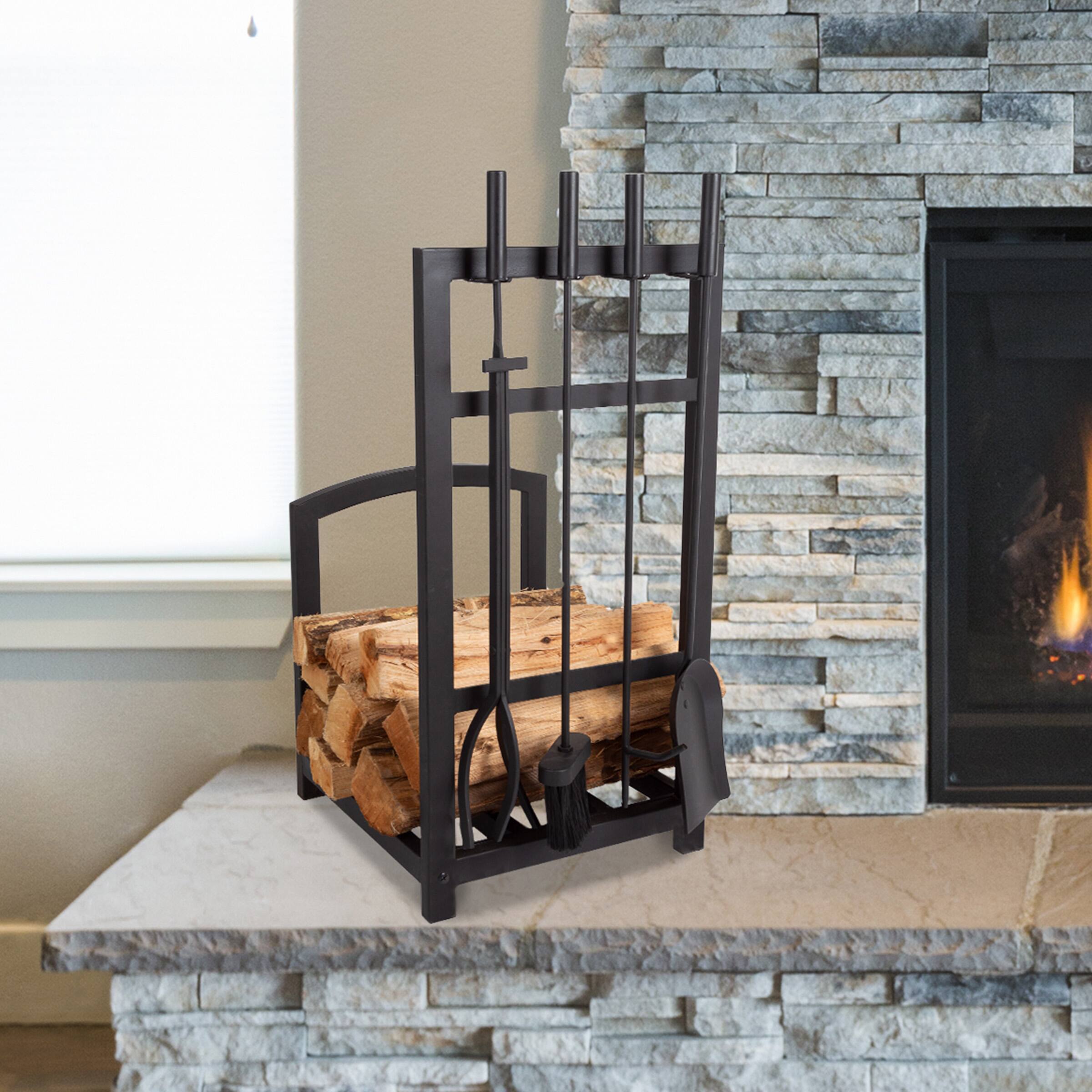 Hastings Home Black Fireplace Tool Set & Rack