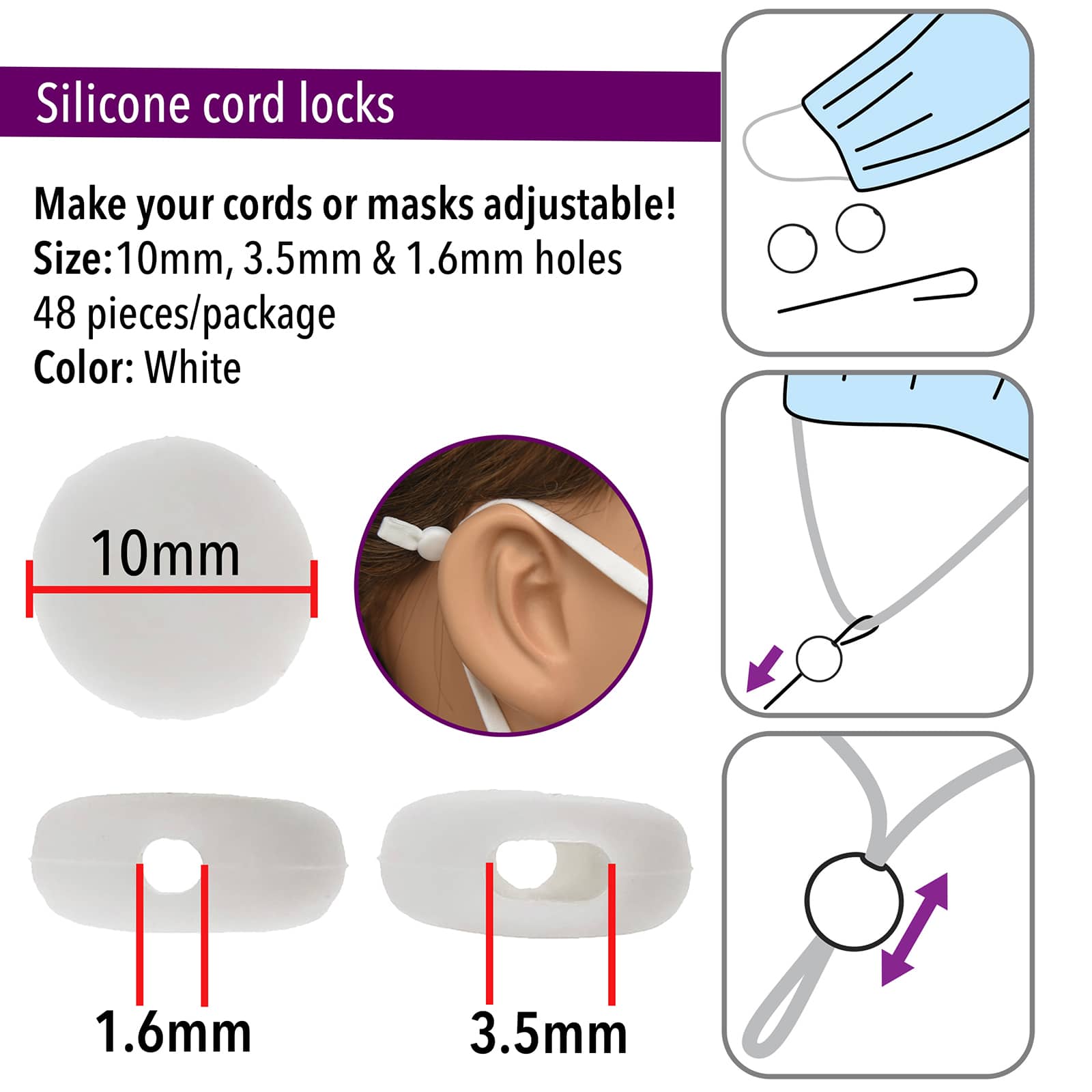 Fablastic™ White Silicone Cord Locks, 10mm