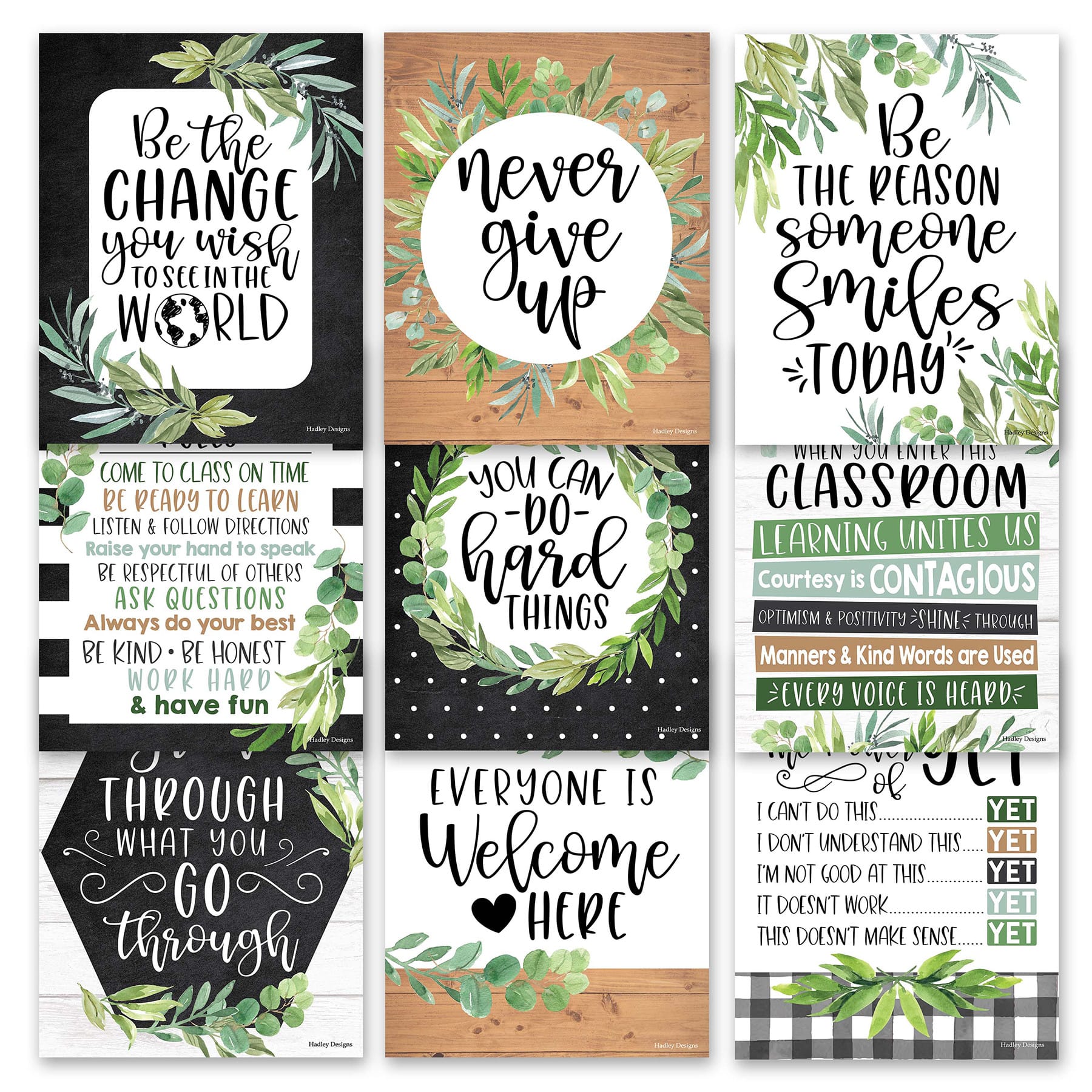 Hadley Designs 11" x 14" Boho Farmhouse Growth Mindset Classroom Décor Posters Set