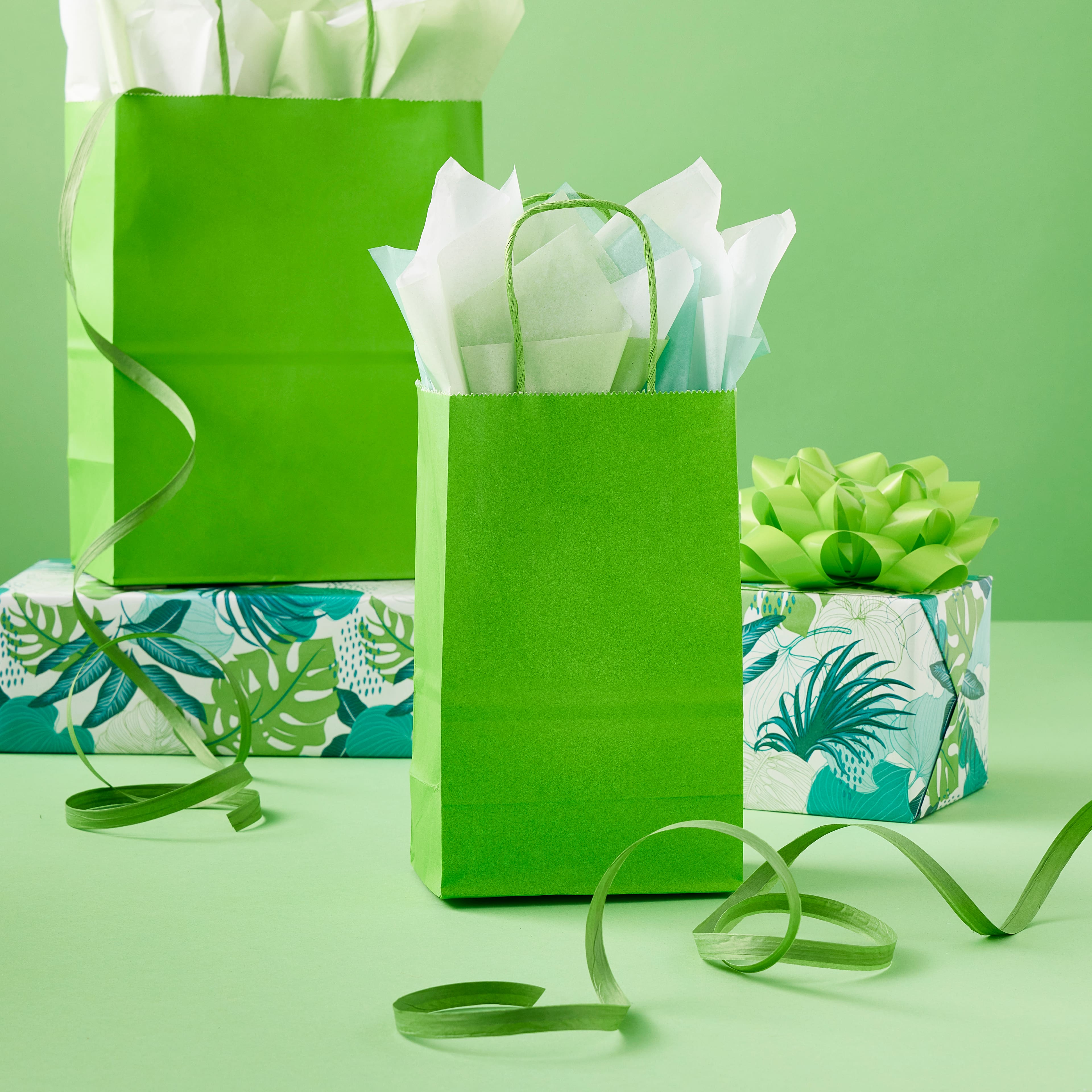 Paperpep Cream Green Leaf Print 7X4X9 Gift Paper Bag Pack Of 6
