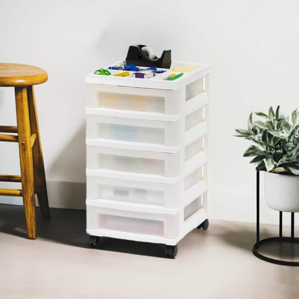 IRIS White 5-Drawer Storage Cart With Organizer Top