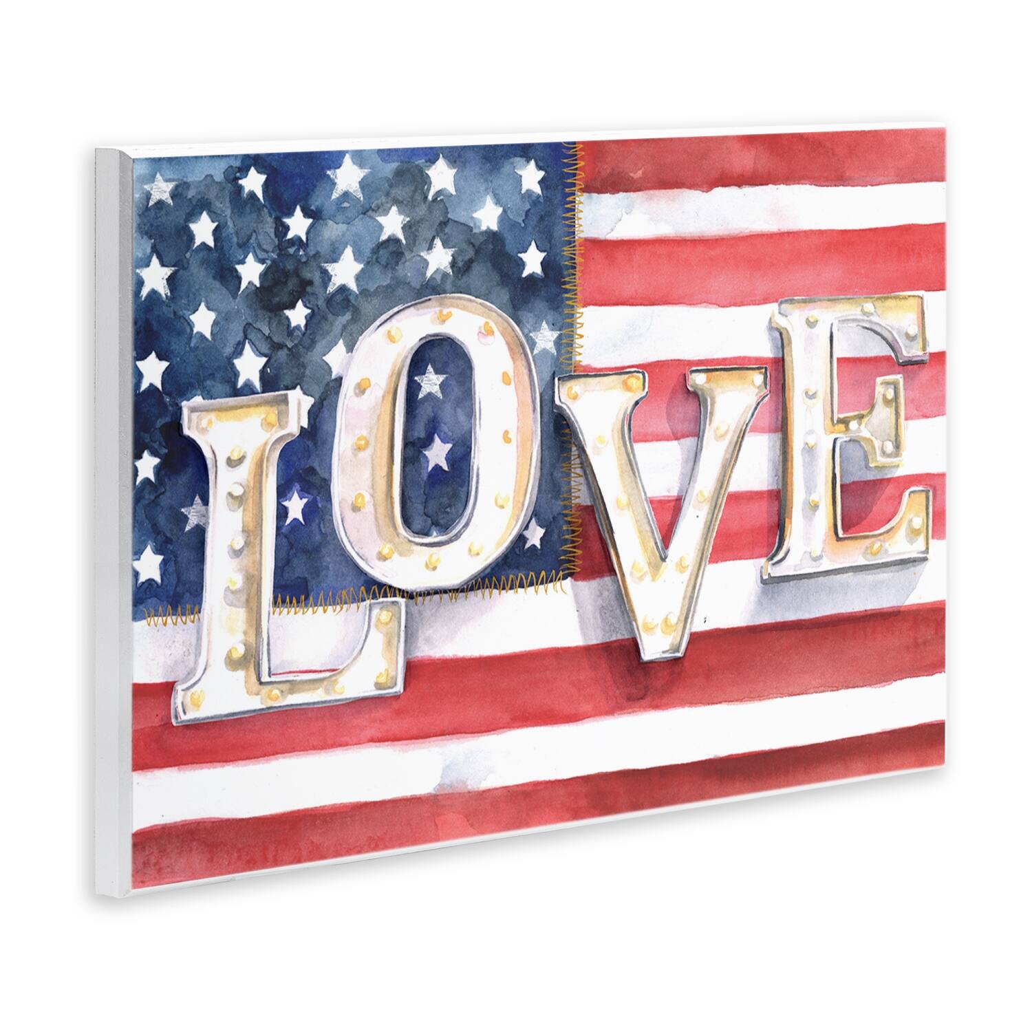 Stupell Industries Vintage Love Text Over Stitched American Flag Wall Plaque Art