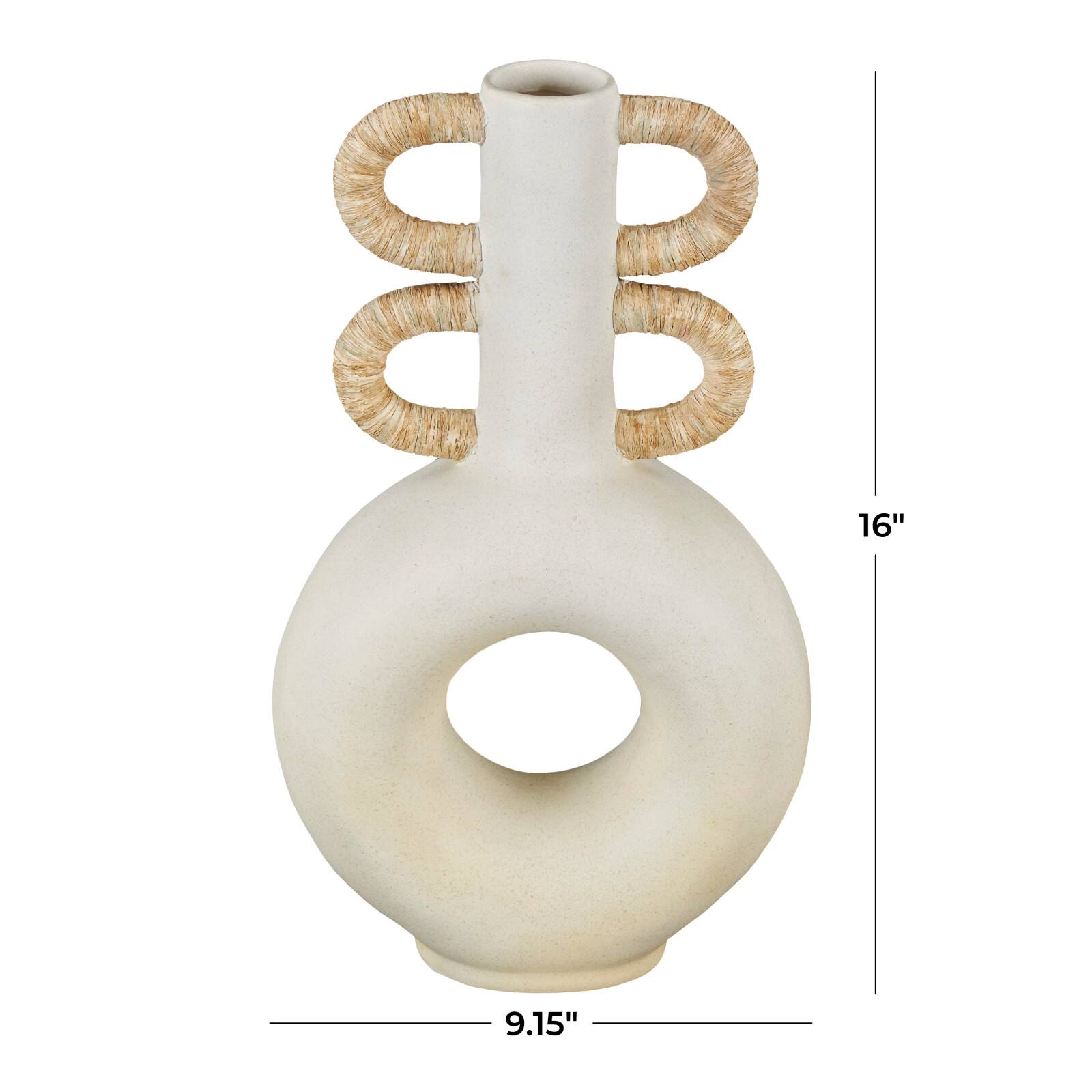 16" Cream Round Speckled Vase with Woven Inspired Arched Handles & Cutout Opening