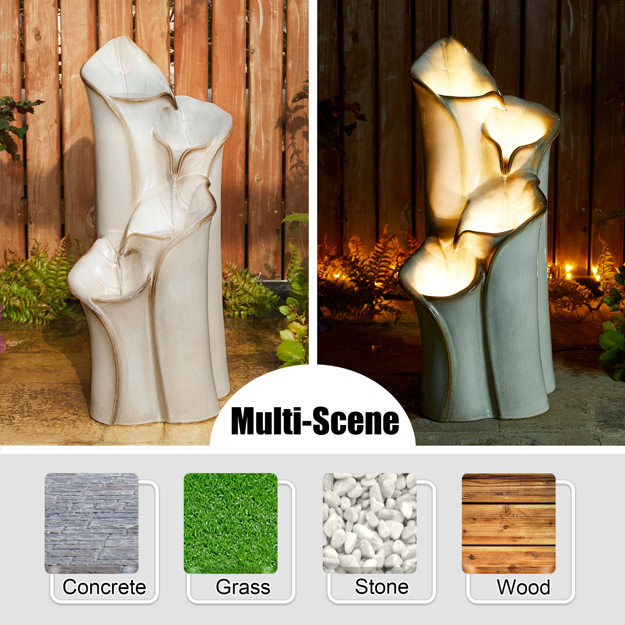 Glitzhome® 31.25" 4-Tier LED Lotus Leaf Textured Ceramic Vase Outdoor Floor Fountain