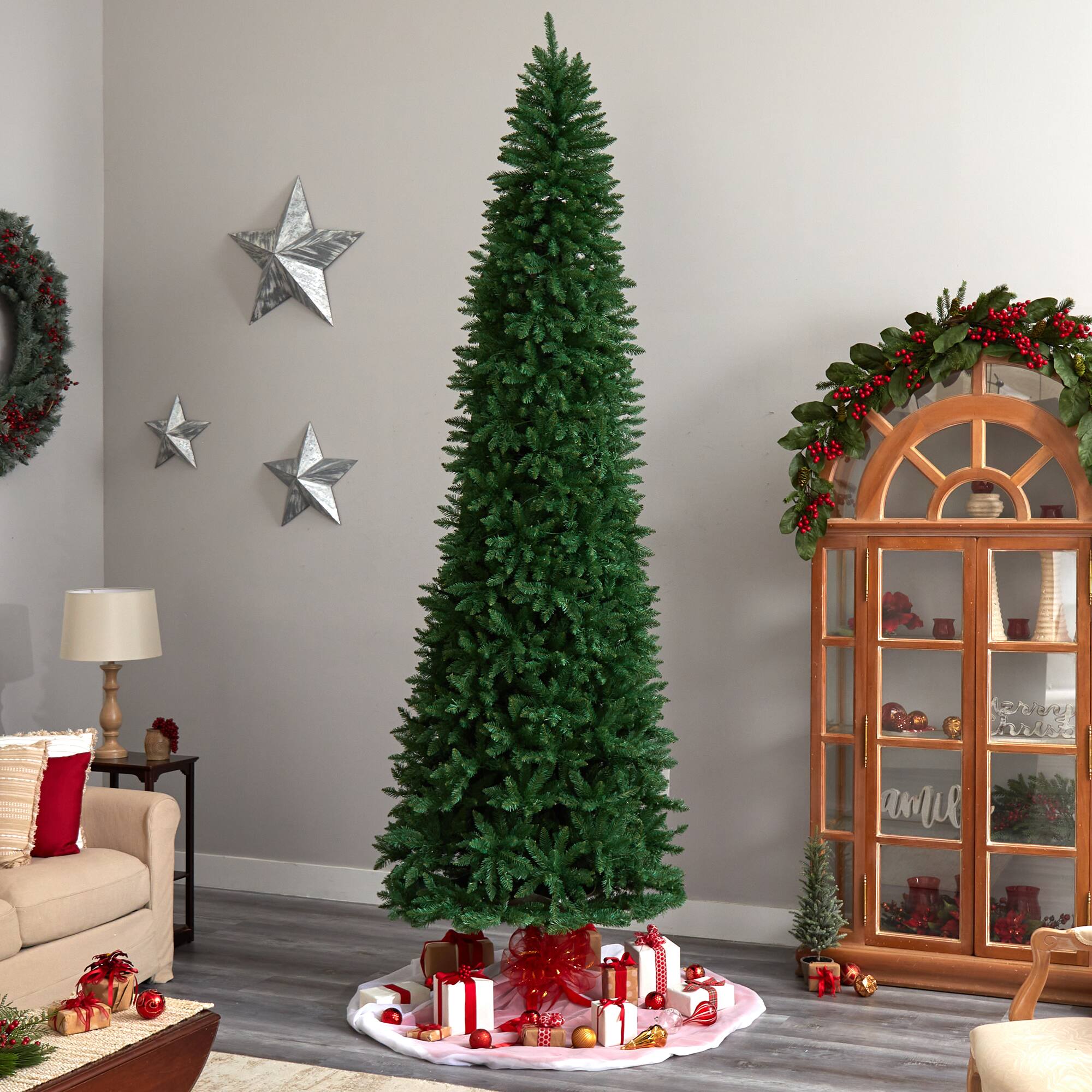 11ft. Pre-Lit Slim Green Mountain Pine Artificial Christmas Tree, Clear LED Lights
