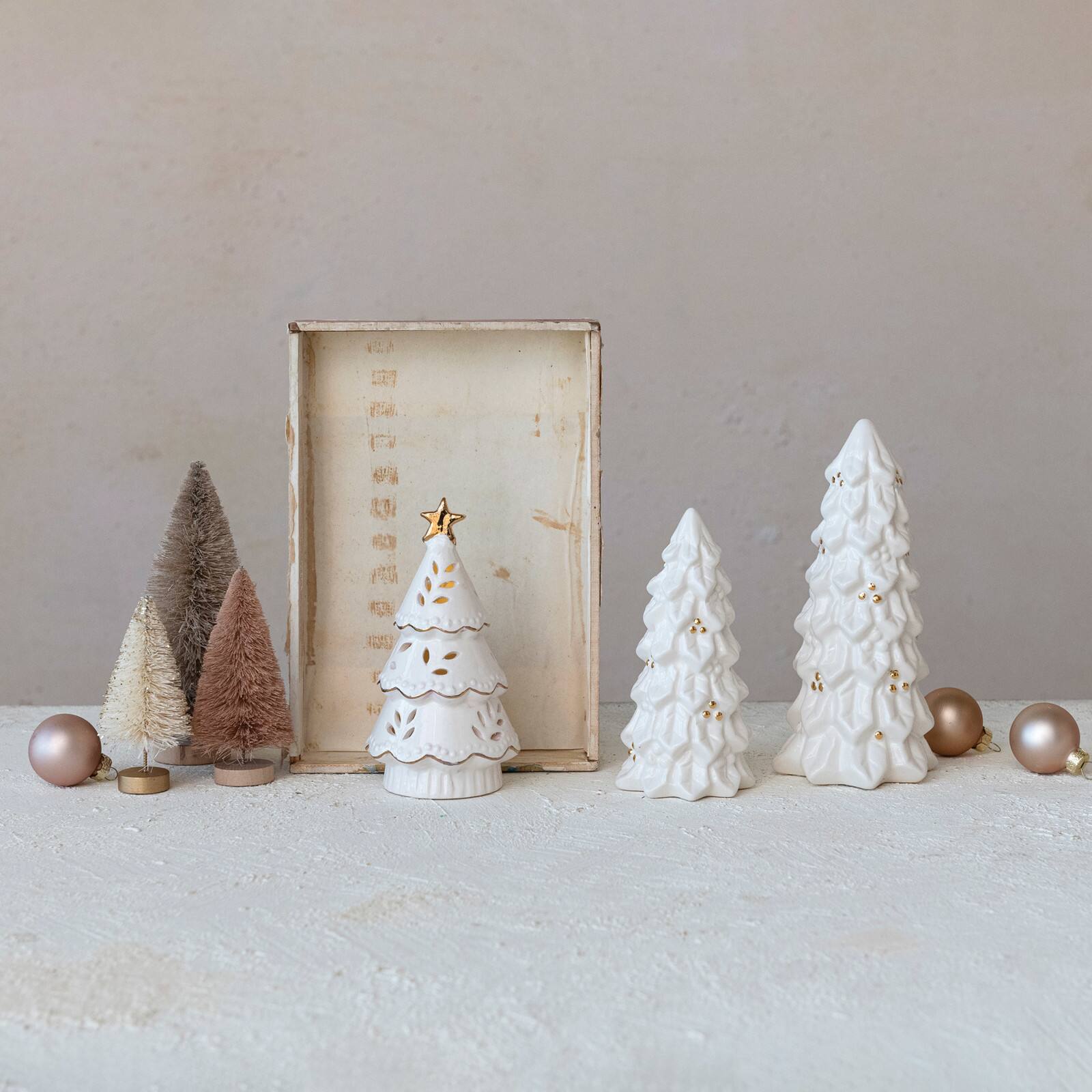 Hello Honey&#xAE; Cream LED Stoneware Christmas Trees with Gold Electroplating Set