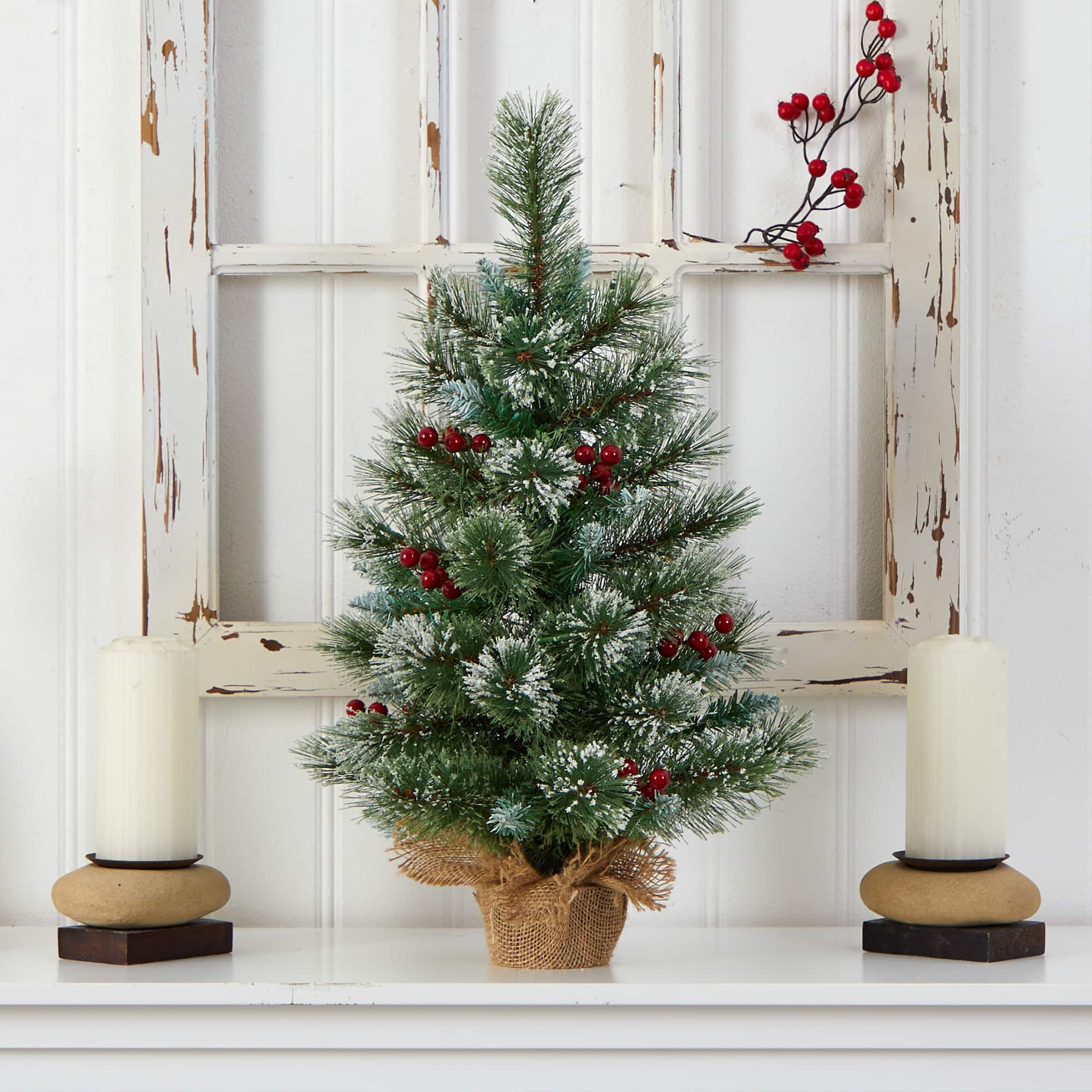 2ft. Pre-Lit Flocked Pine &#x26; Berry Artificial Christmas Tree in Burlap Base, Warm White LED Lights