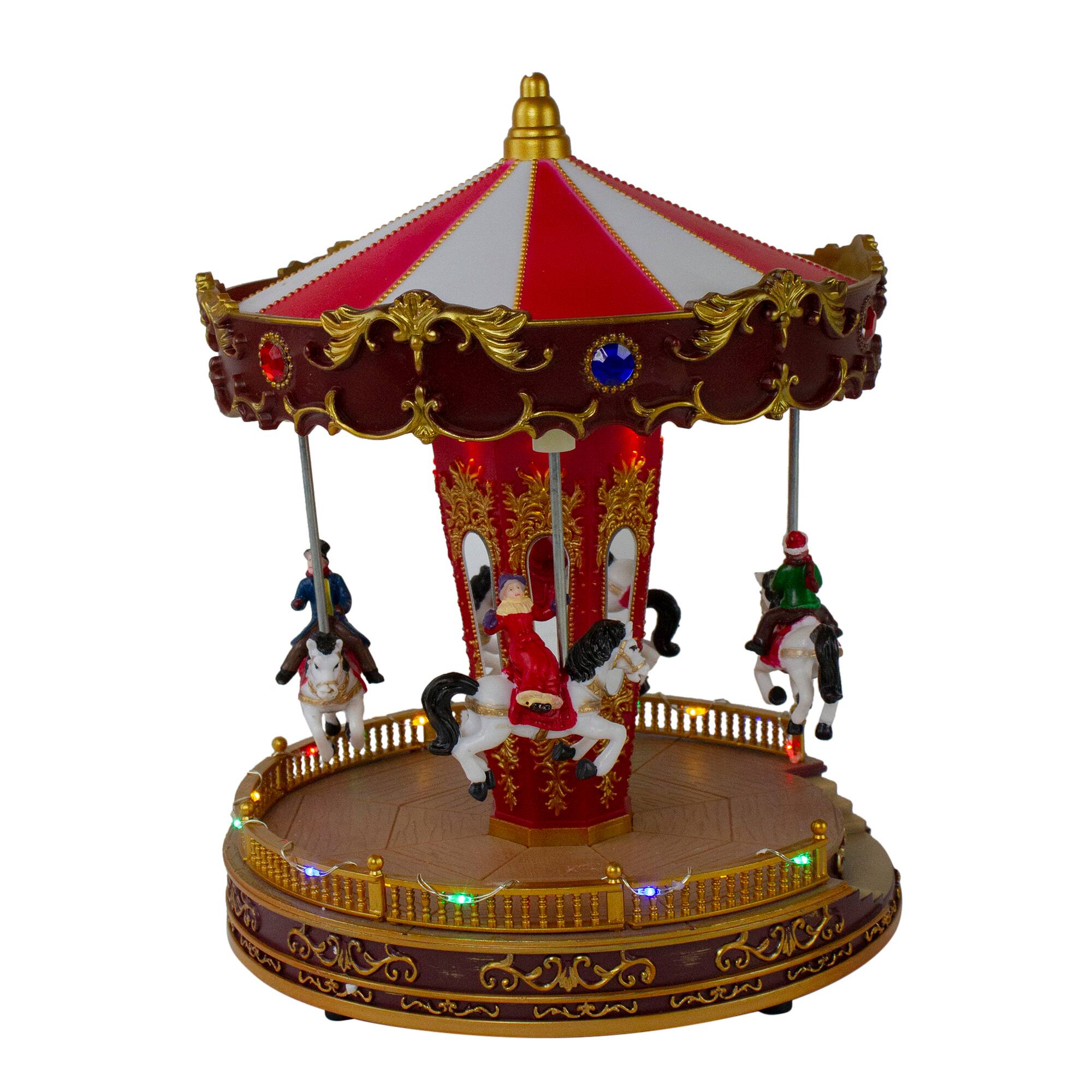 11" Red & White LED Animated Christmas Carousel with Horses