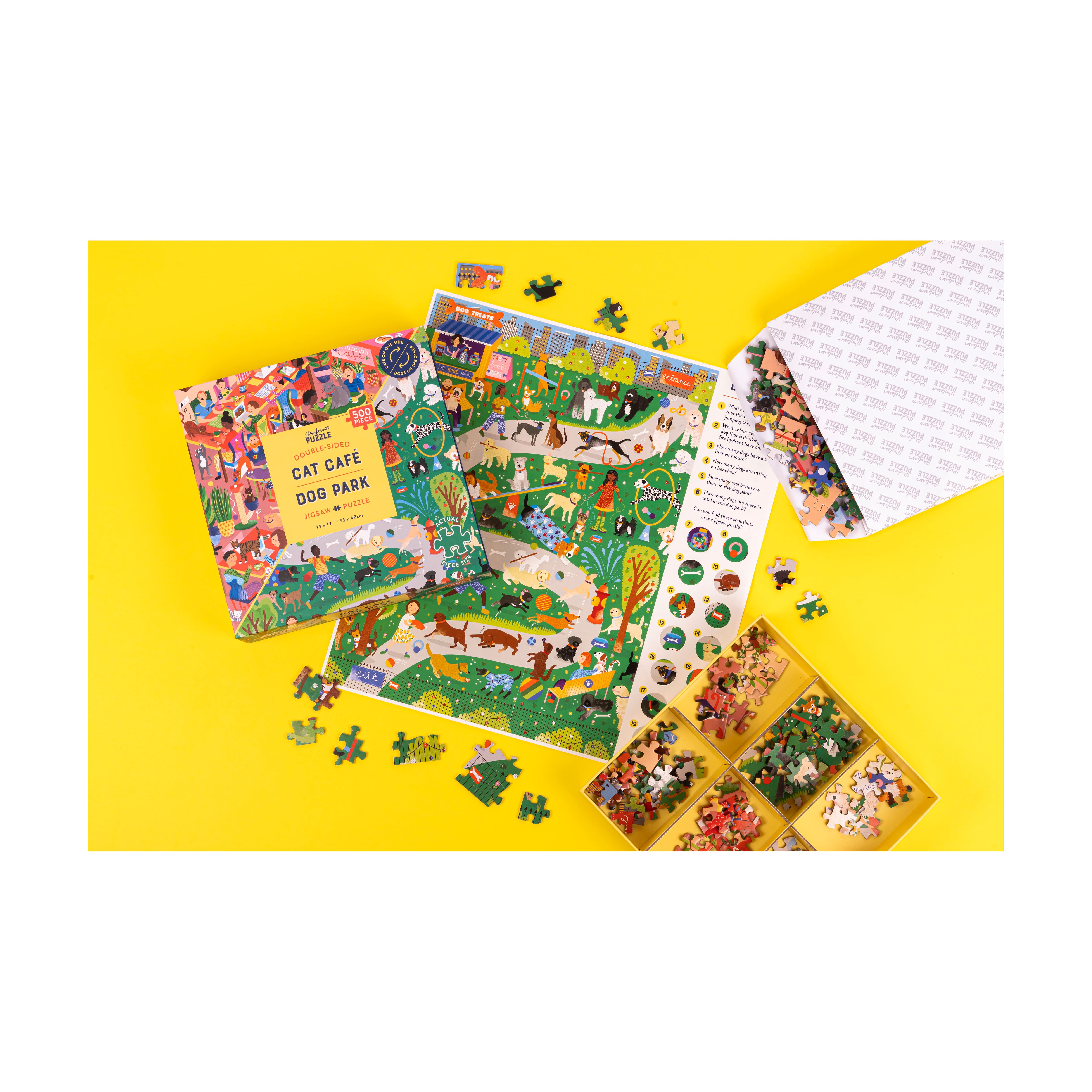 Cat Cafe & Dog Park Double-Sided Jigsaw Puzzle: 500 Pcs
