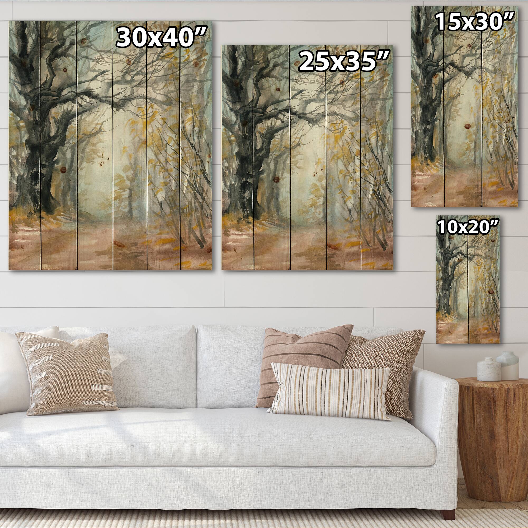 Designart - Autumn Misty Forest - Lake House Print on Natural Pine Wood