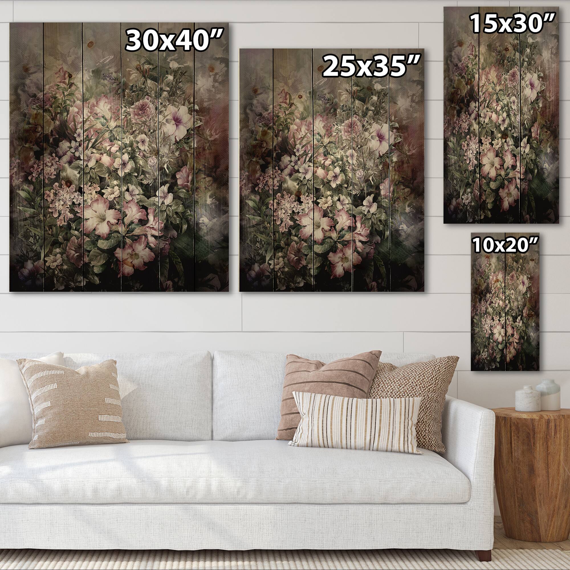 Designart - Retro Drawing of Flowers IV - Vintage Print on Natural Pine Wood