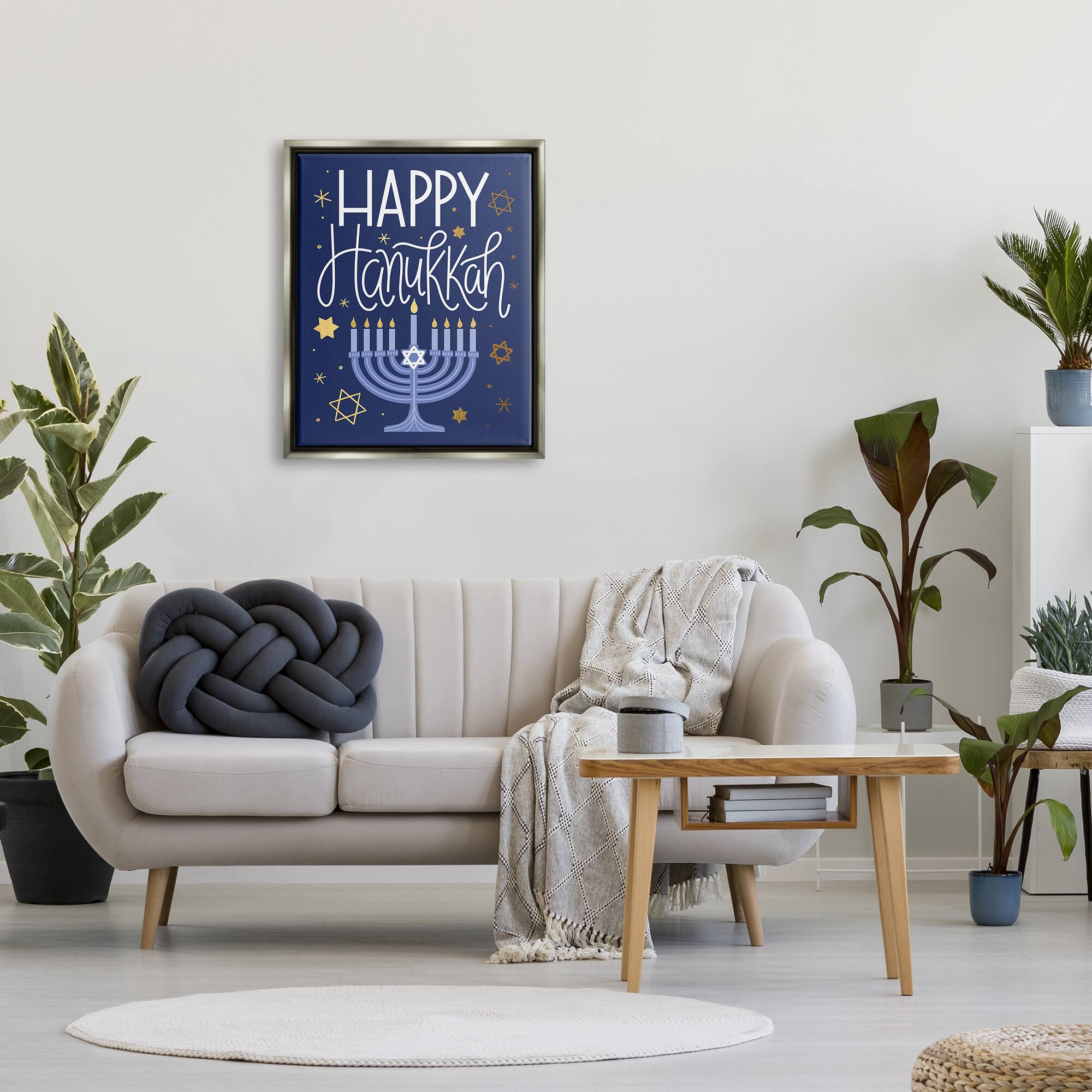 Stupell Industries Happy Hanukkah Blue Menorah Pattern Framed Floater Canvas Wall Art