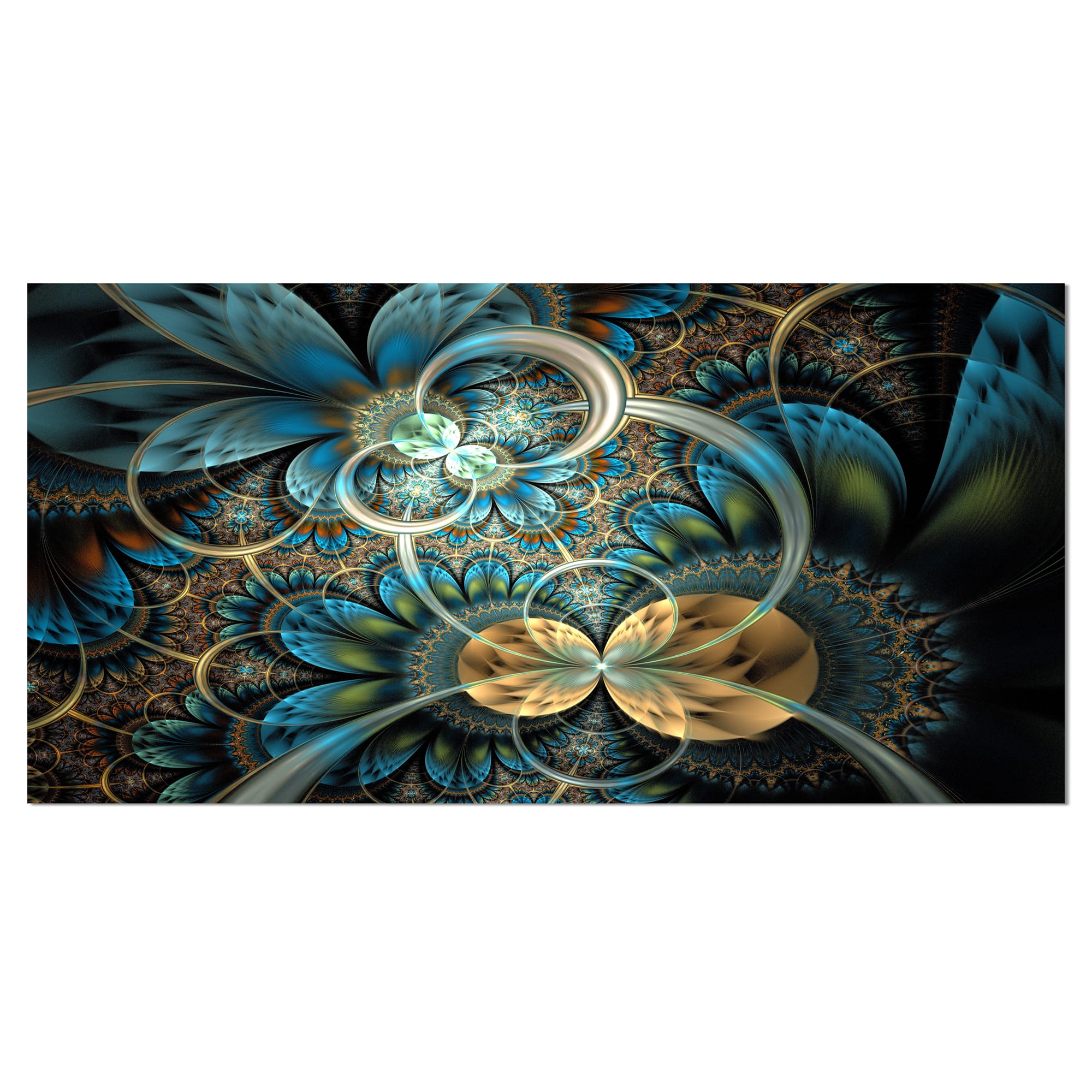Designart - Symmetrical Blue Gold Fractal Flower - Abstract Print On Canvas