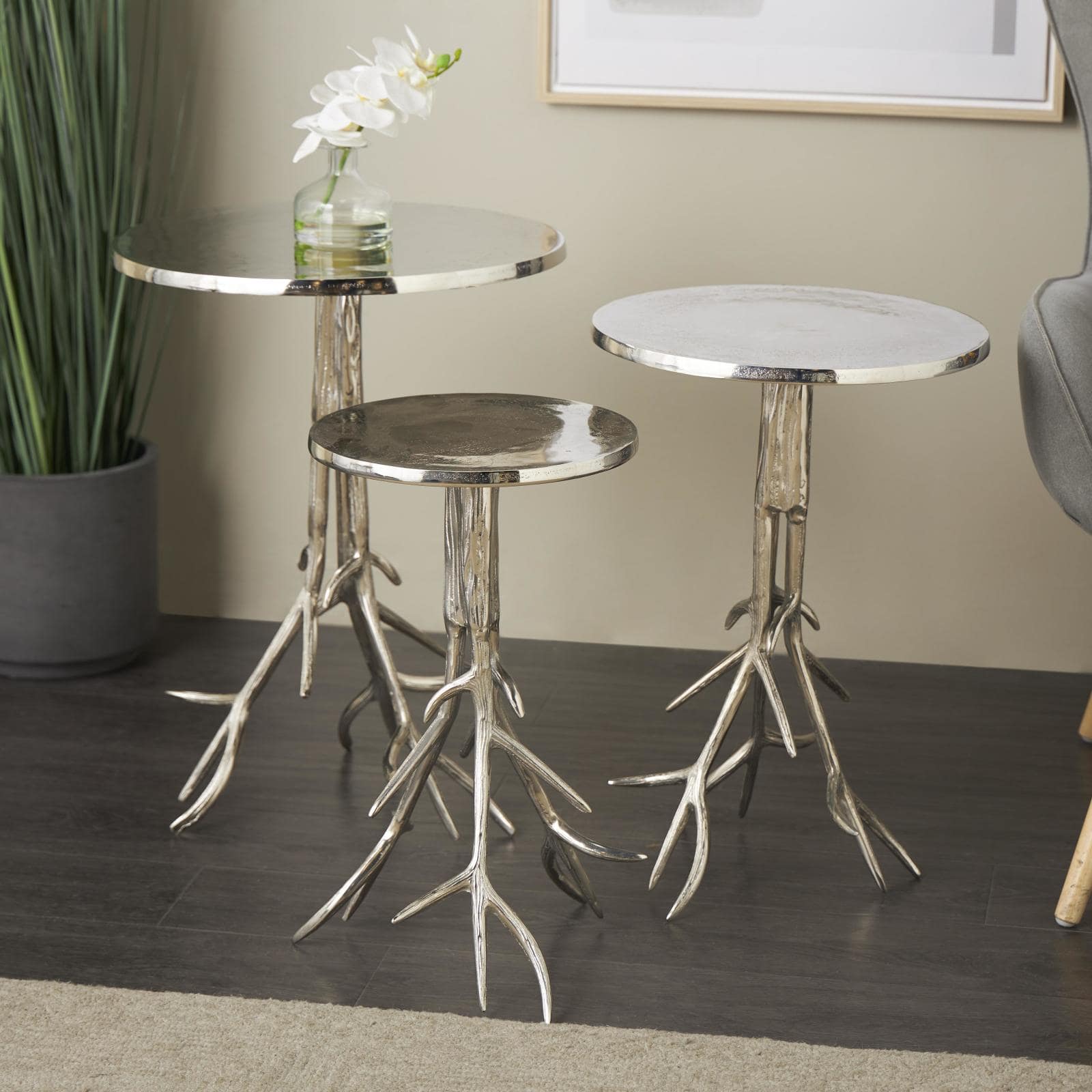 Silver Metal Side End Accent Table with Textured Tree Branch Legs Set
