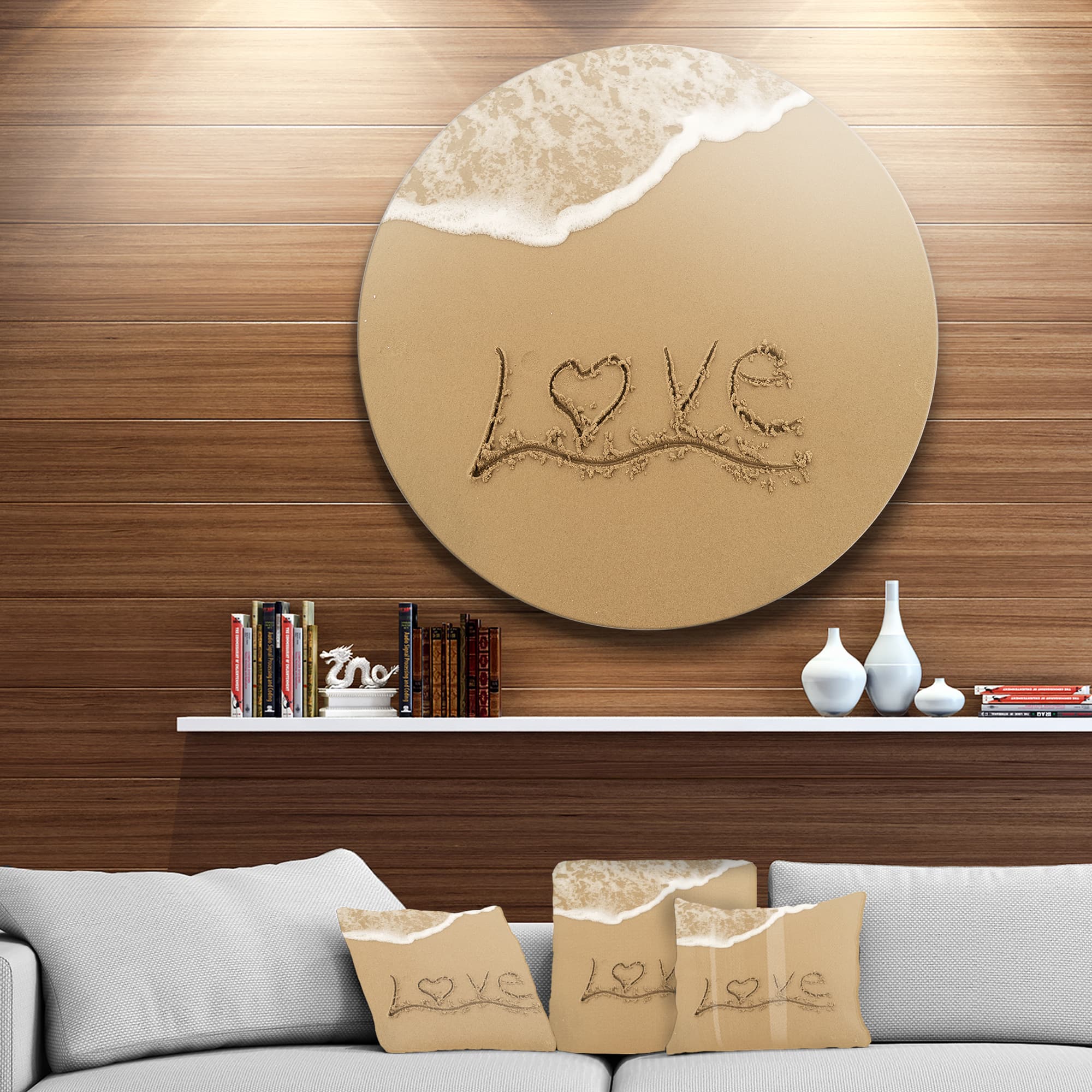 Designart - Love Written on Sandy Seashore&#x27; Seashore Metal Circle Wall Art