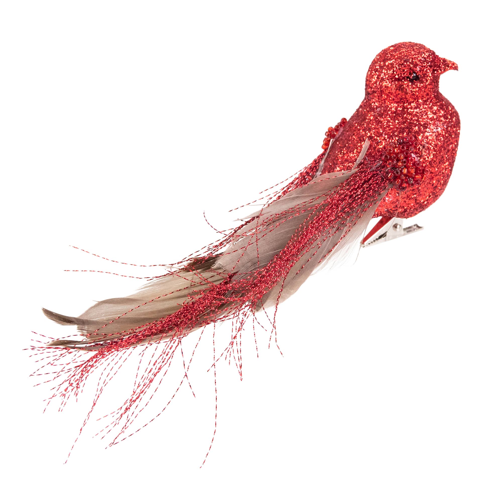 Glittered Bird with Feather Tail Christmas Clip Ornament - 7&#x22; - Red