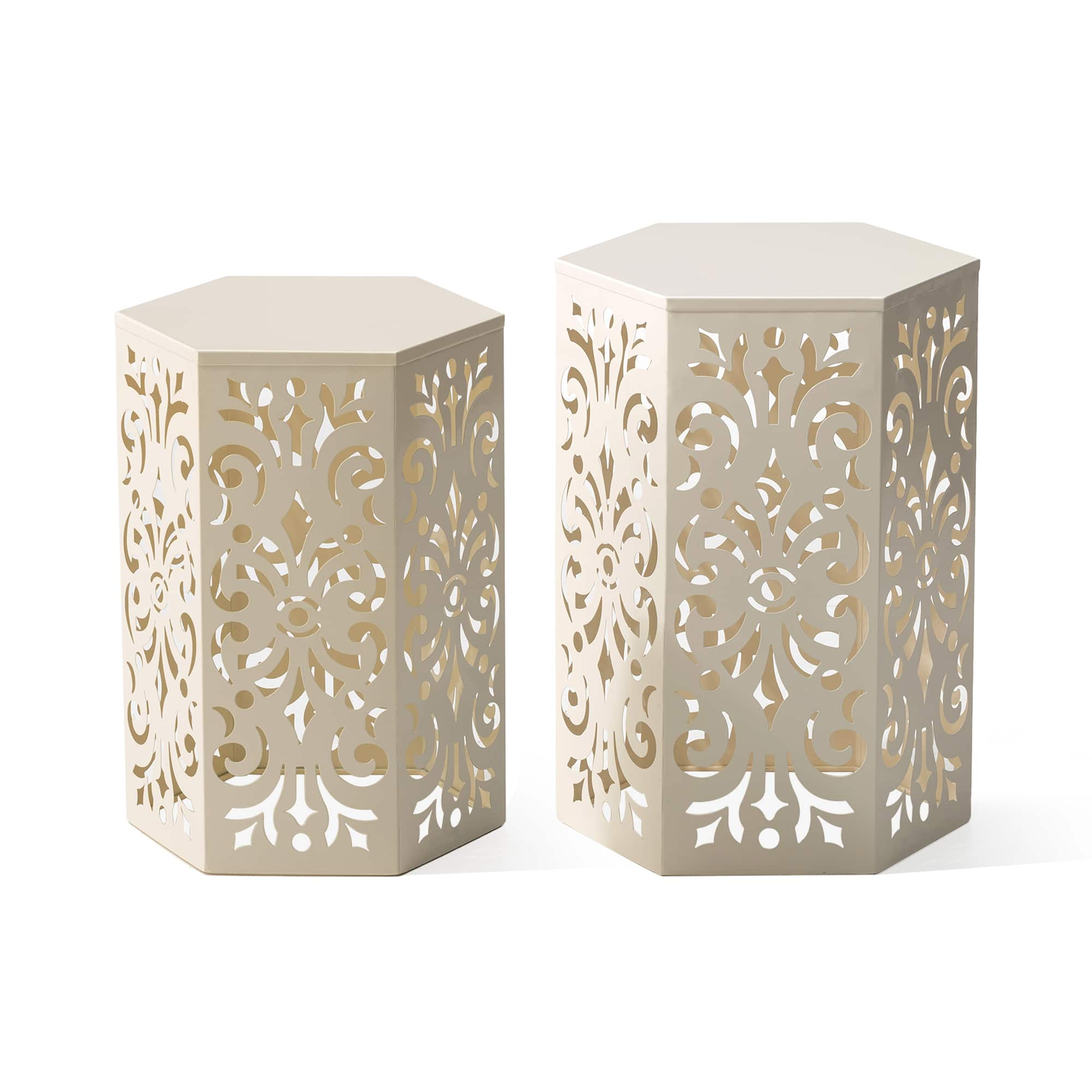 Glitzhome&#xAE; White Floral Motif Hexagonal Garden Stool Set