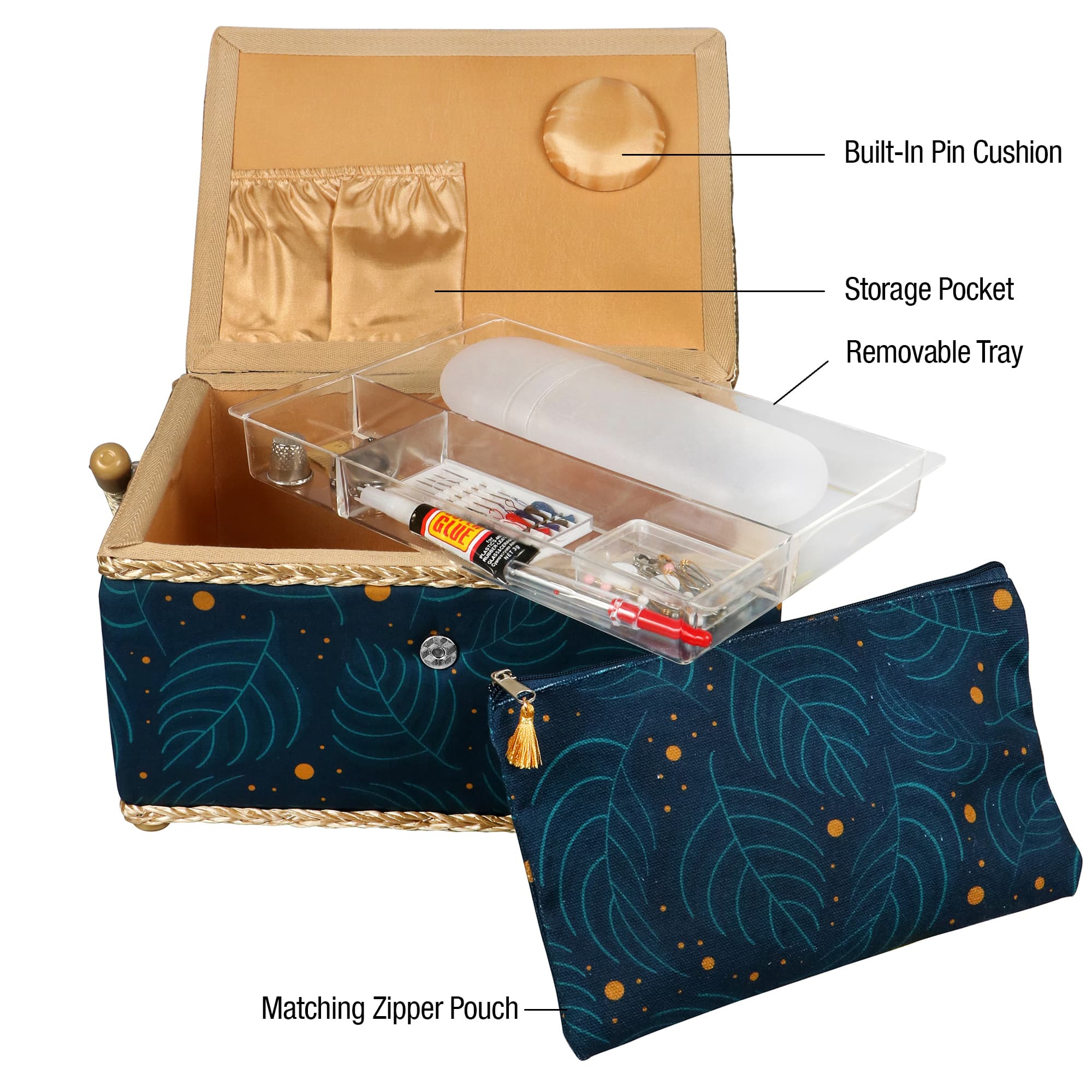 SINGER® Large Leaf Print Sewing Basket with Travel Sewing Kit & Matching Zipper Pouch