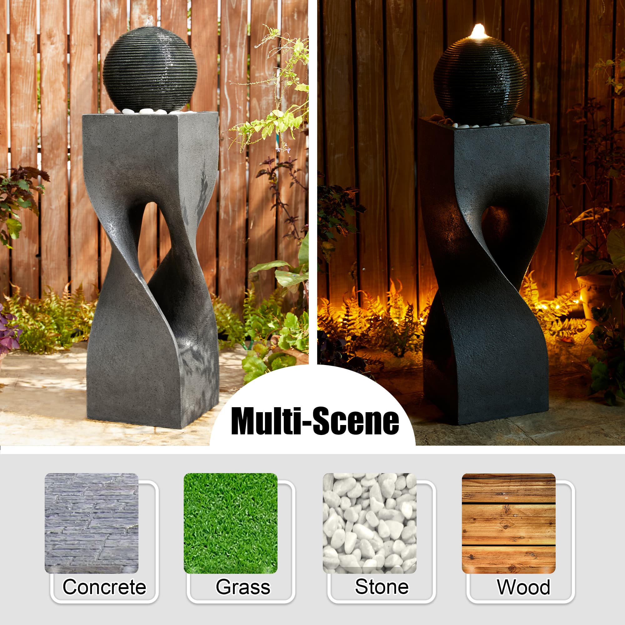 Glitzhome® 40.5" Oversized LED Geometric Pedestal & Sphere Outdoor Floor Fountain