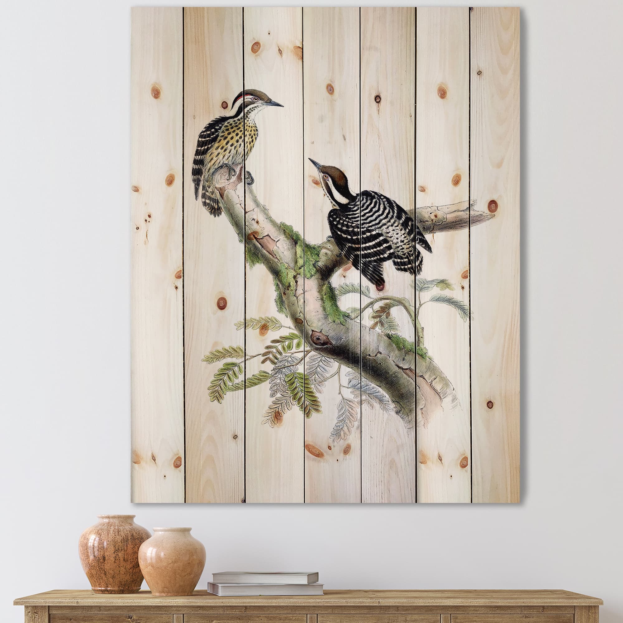 Designart - Vintage Birds In The Wild VIII - Traditional Print on Natural Pine Wood