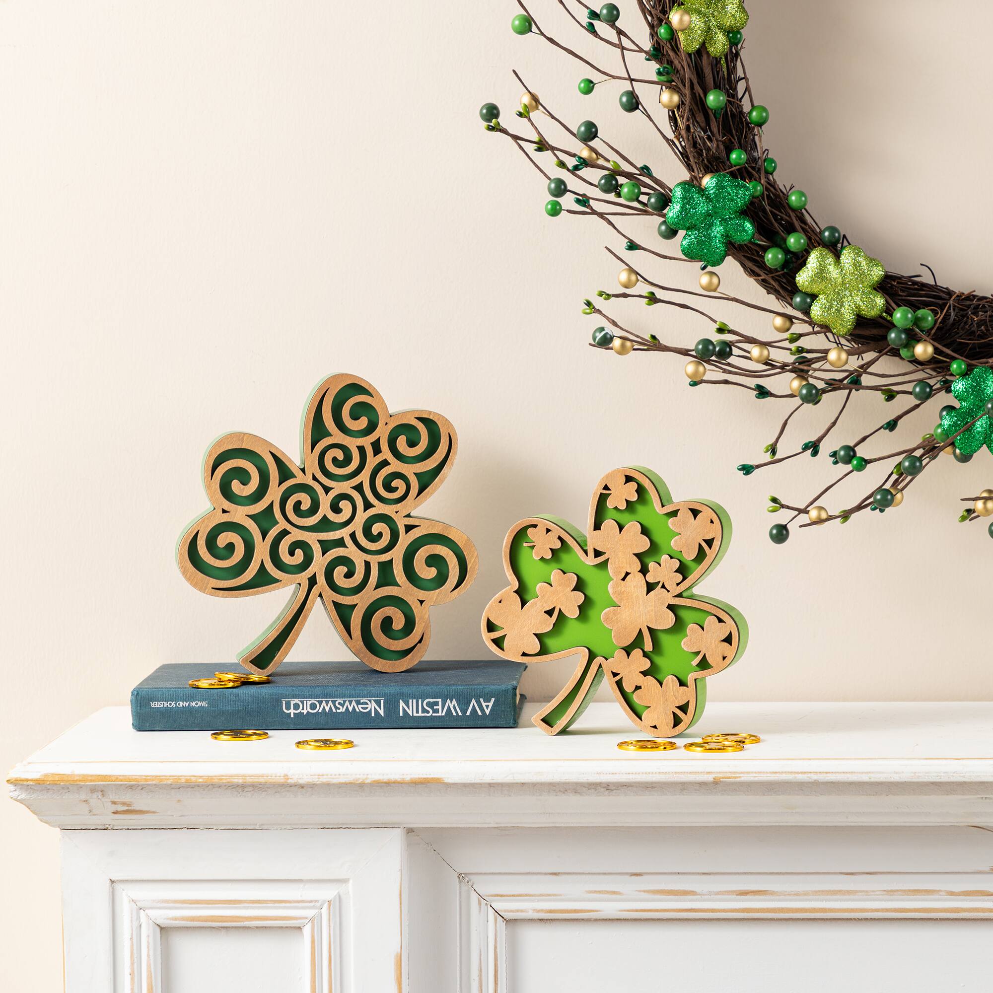 Glitzhome® Set of 2 St. Patrick's Wooden Shamrock Table Decor