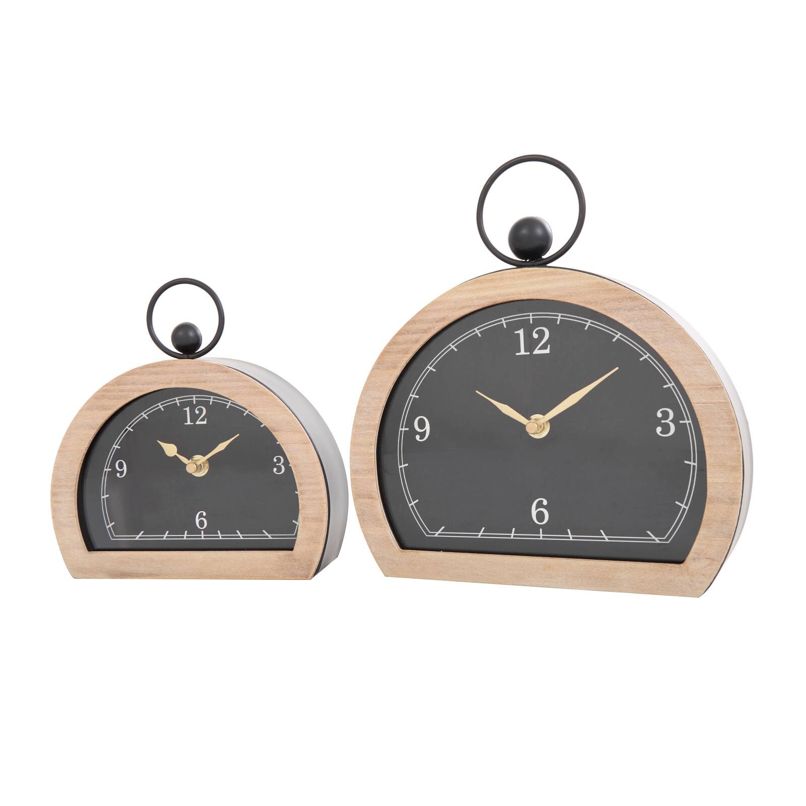 Black Wooden Semicircle Clock Set with Brown Wooden Frame &#x26; Ring Handle