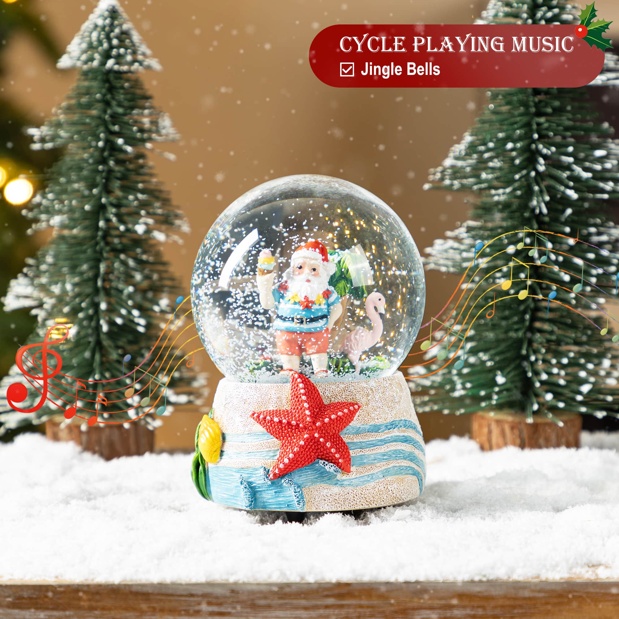 Glitzhome&#xAE; 100mm Christmas Resin Musical Snowflakes Santa on Vacation Waterglobe