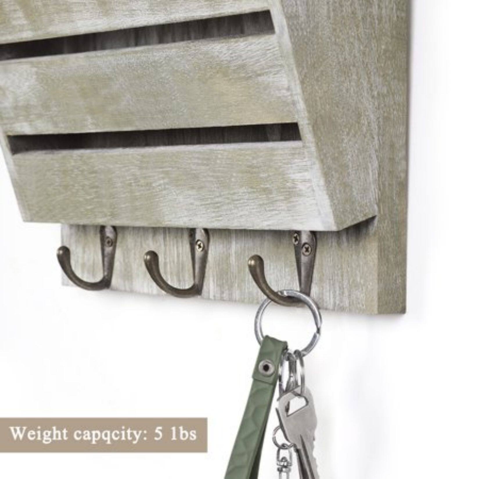 NEX™ 10" Weathered Green Wood Wall-Mounted Mail & Key Holder Organizer with 3 Key Hooks