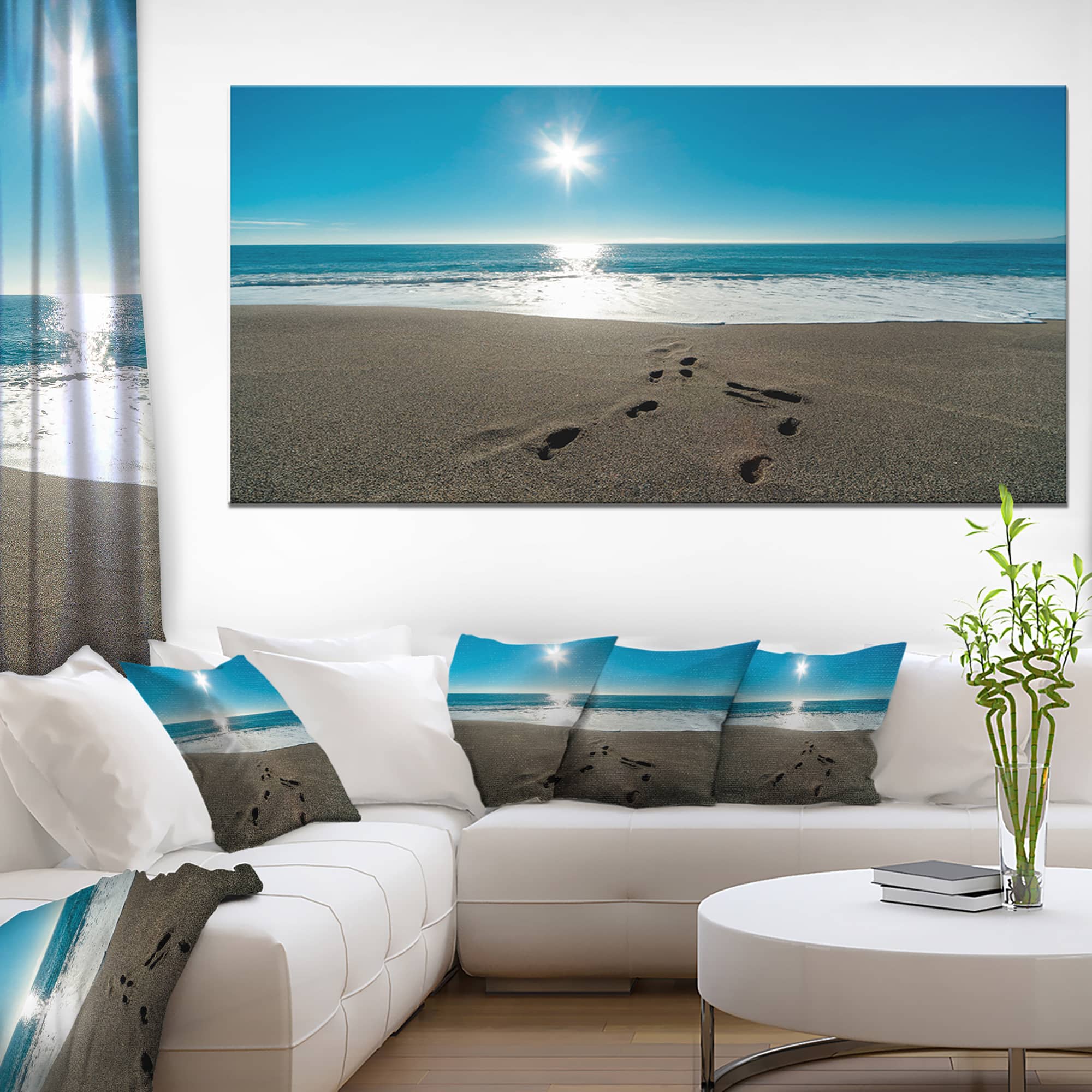 Designart - Blue Sea and Footprints in Sand - Large Seascape Art Canvas Print
