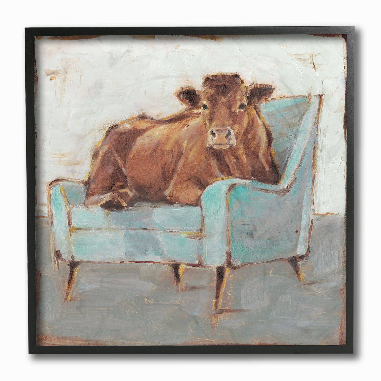 Stupell Industries Brown Bull on a Blue Couch Wall in Black Frame