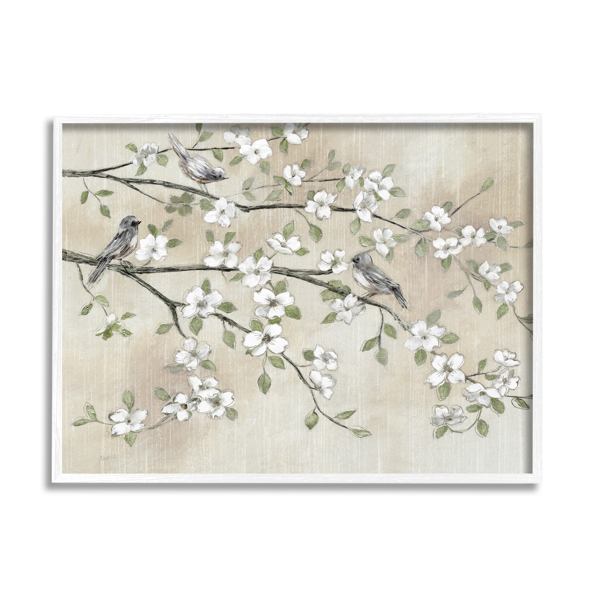 Stupell Industries Traditional White Cherry Blossom Birds Framed Giclee Art