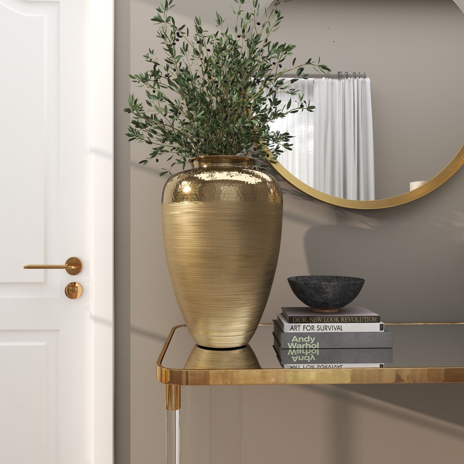 18&#x22; Gold Aluminum Brushed Vase with Hammered Top
