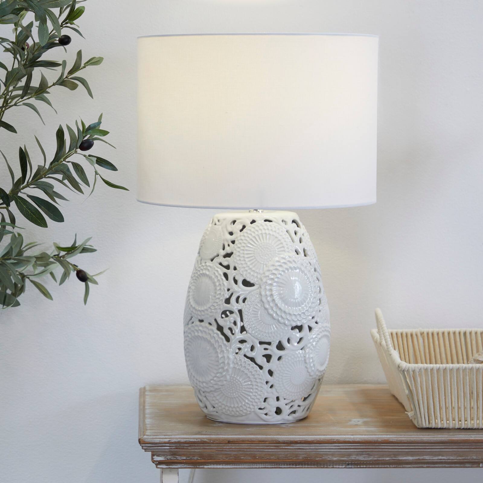 White Ceramic Cutout Floral Table Lamp 14&#x22; x 14&#x22; x 23&#x22;