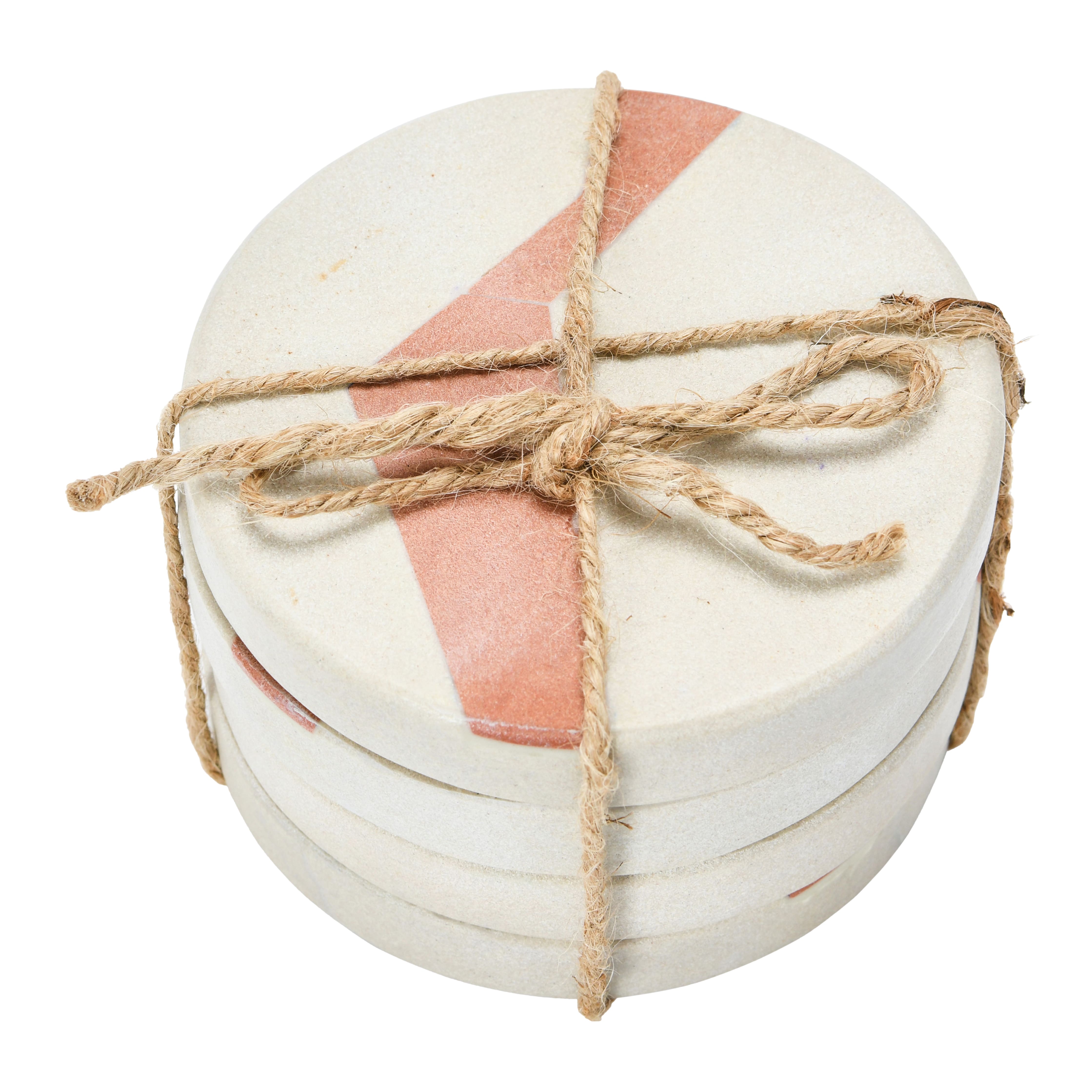 Hello Honey&#xAE; Off-White and Terracotta Round Sandstone Coaster Set with Abstract Design