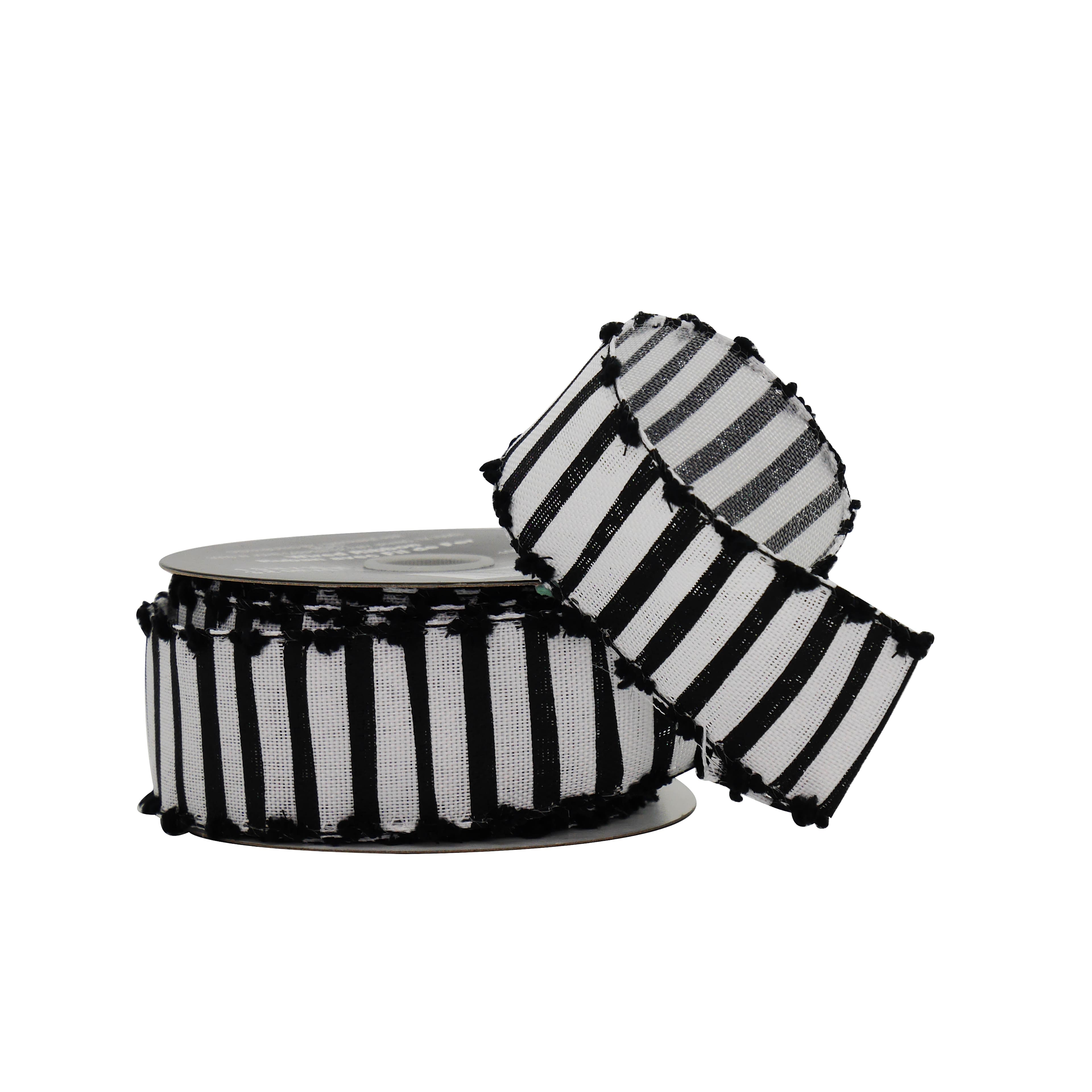 1.5&#x22; x 10yd. Black &#x26; White Striped with Pom Pom Edge Wired Faux Linen Ribbon by Celebrate It&#xAE; Halloween