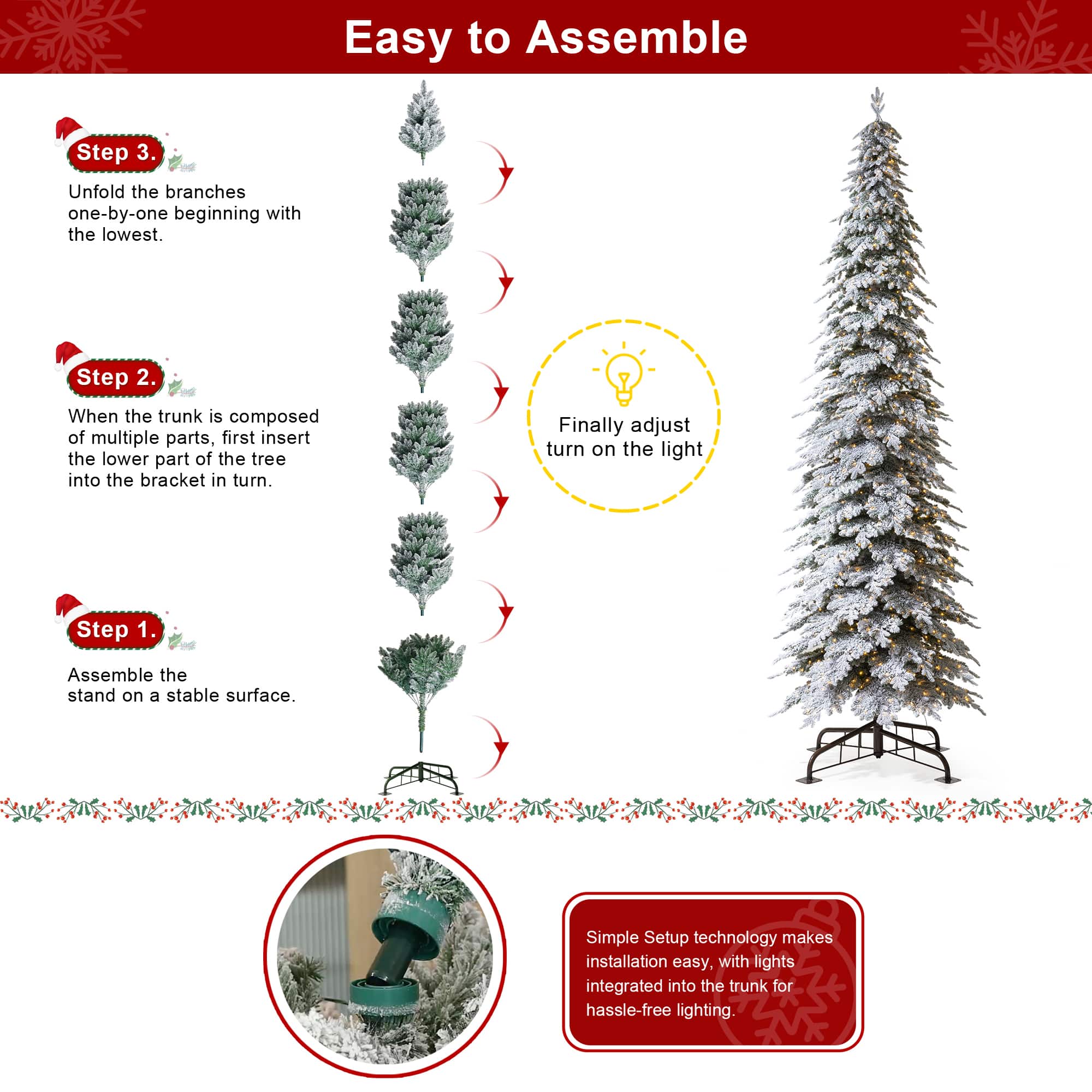 15ft. Pre-Lit Flocked Pencil Spruce Artificial Christmas Tree, Warm White LED Lights