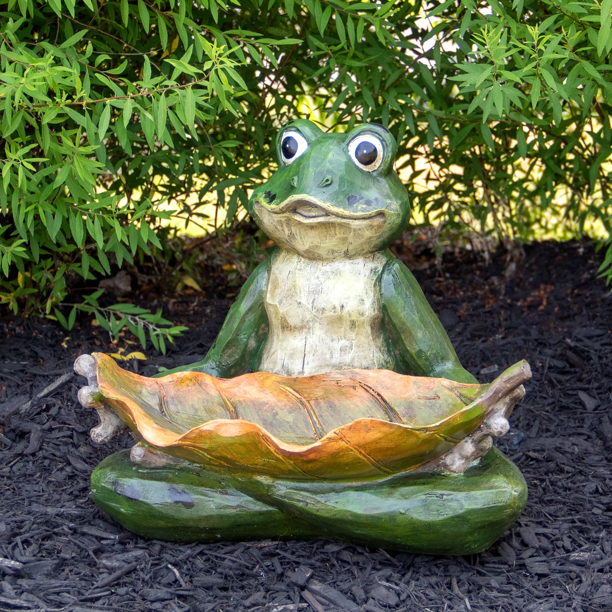 14" Green Frog With Leaf Birdfeeder Outdoor Garden Statue