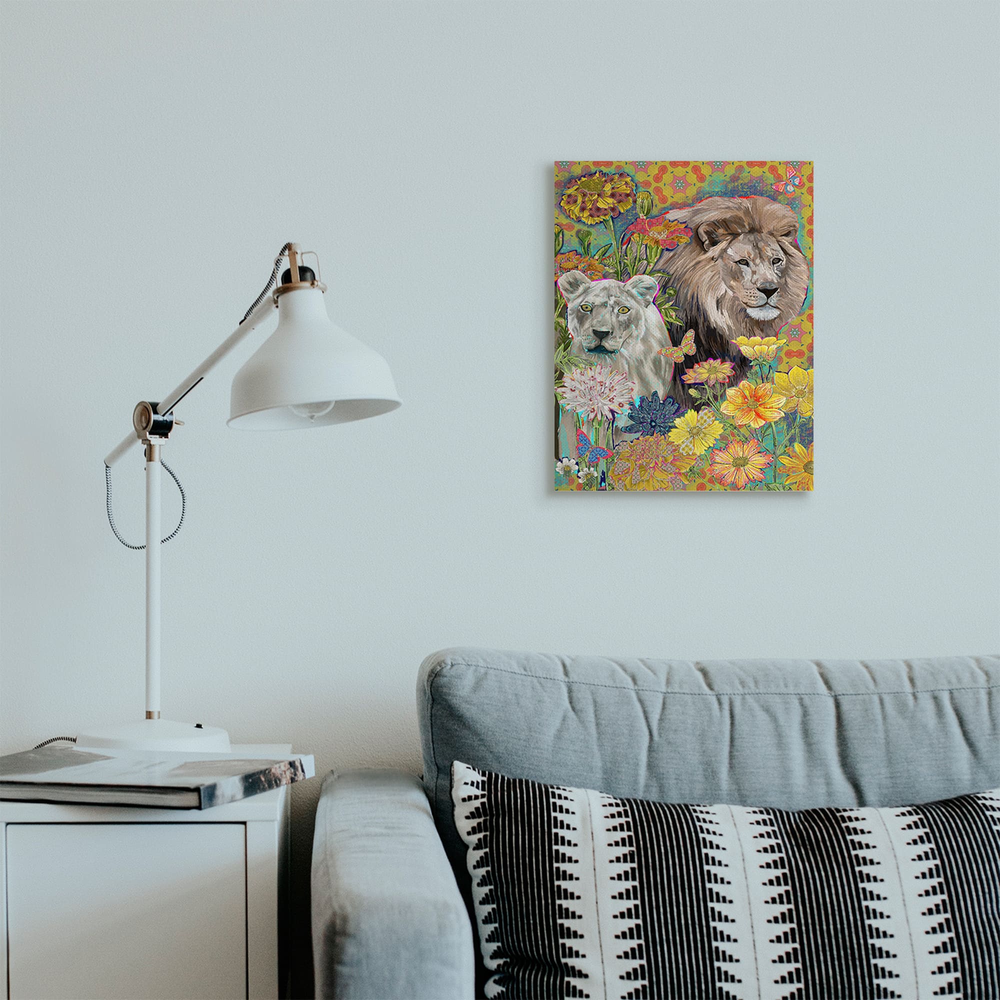 Stupell Industries Lion Couple Behind Tropical Florals Arabesque Pattern Canvas Wall Art