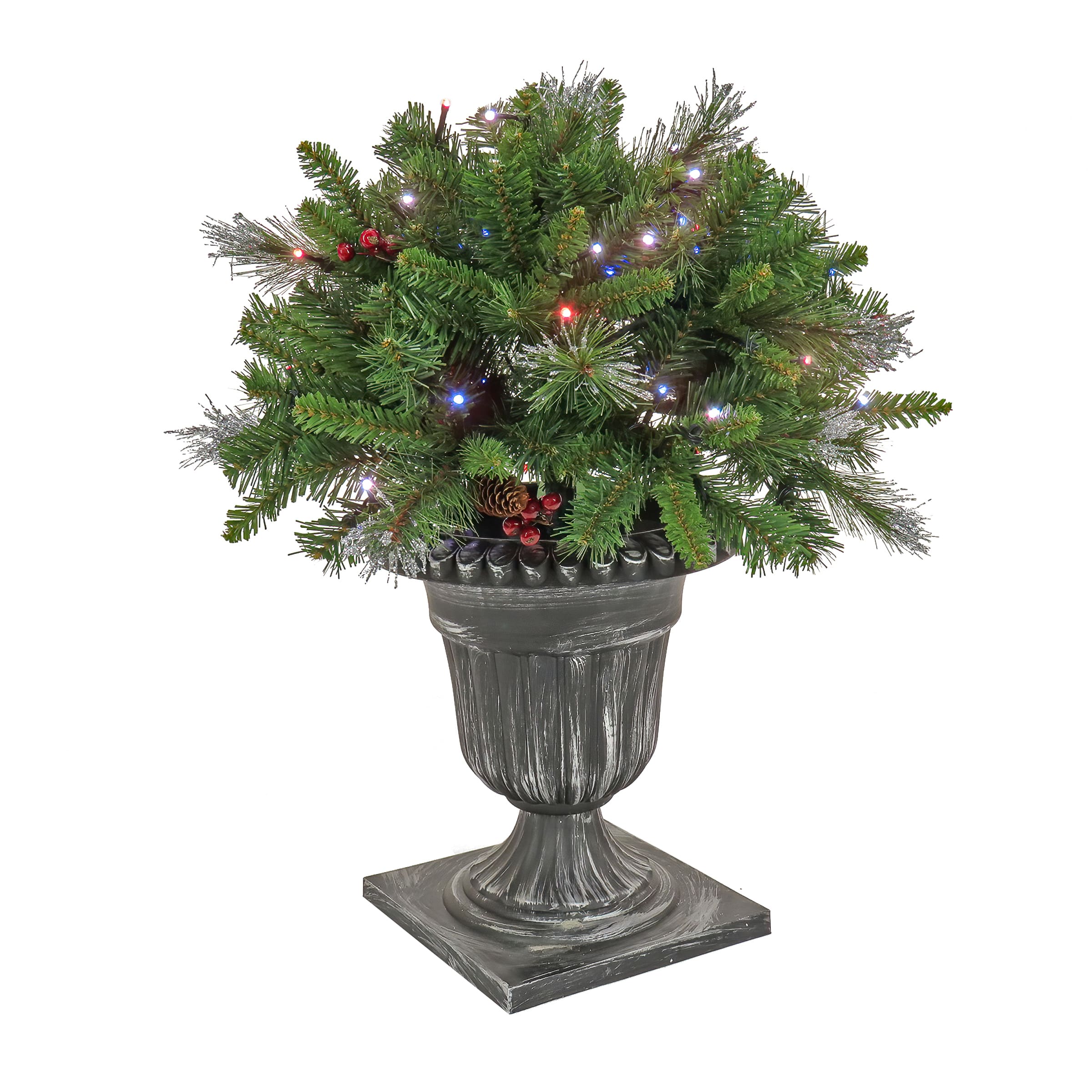 24&#x22; Pre-Lit Crestwood&#xAE; Spruce Porch Bush in Silver Brushed Plastic Urn, Twinkly&#x2122; LED Lights