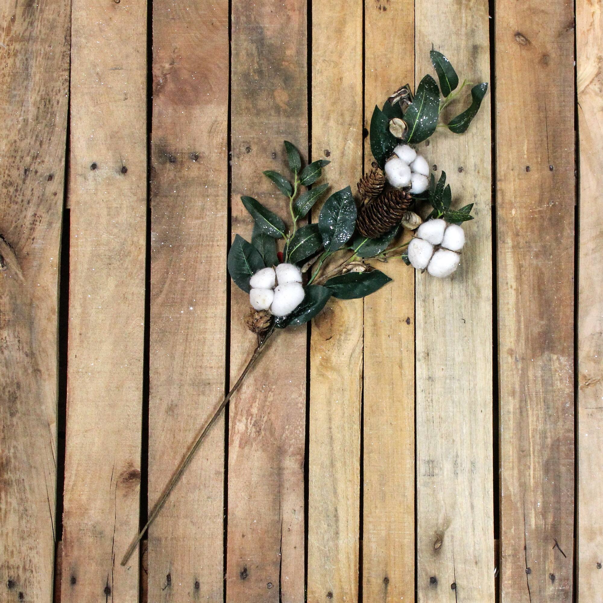 White Cotton Flowers &#x26; Foliage Artificial Twig Pick