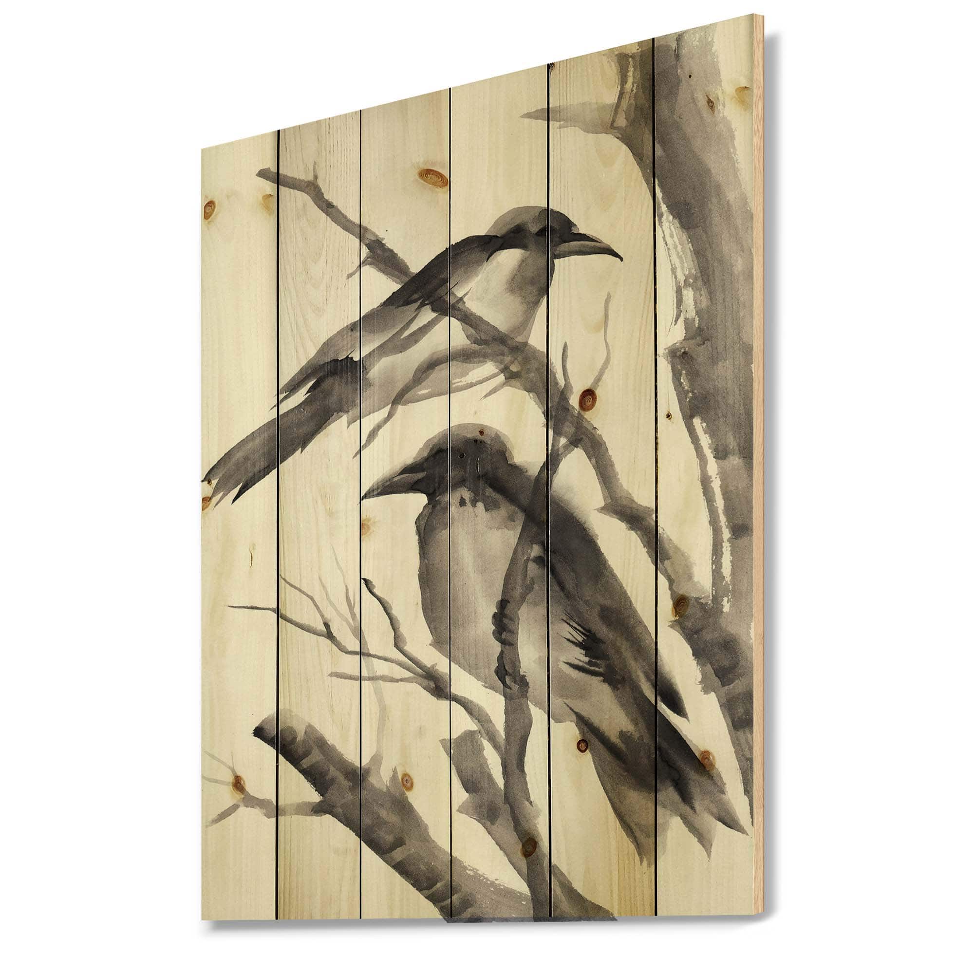 Designart - Vintage Monochrome Sleeping Crows - Traditional Print on Natural Pine Wood
