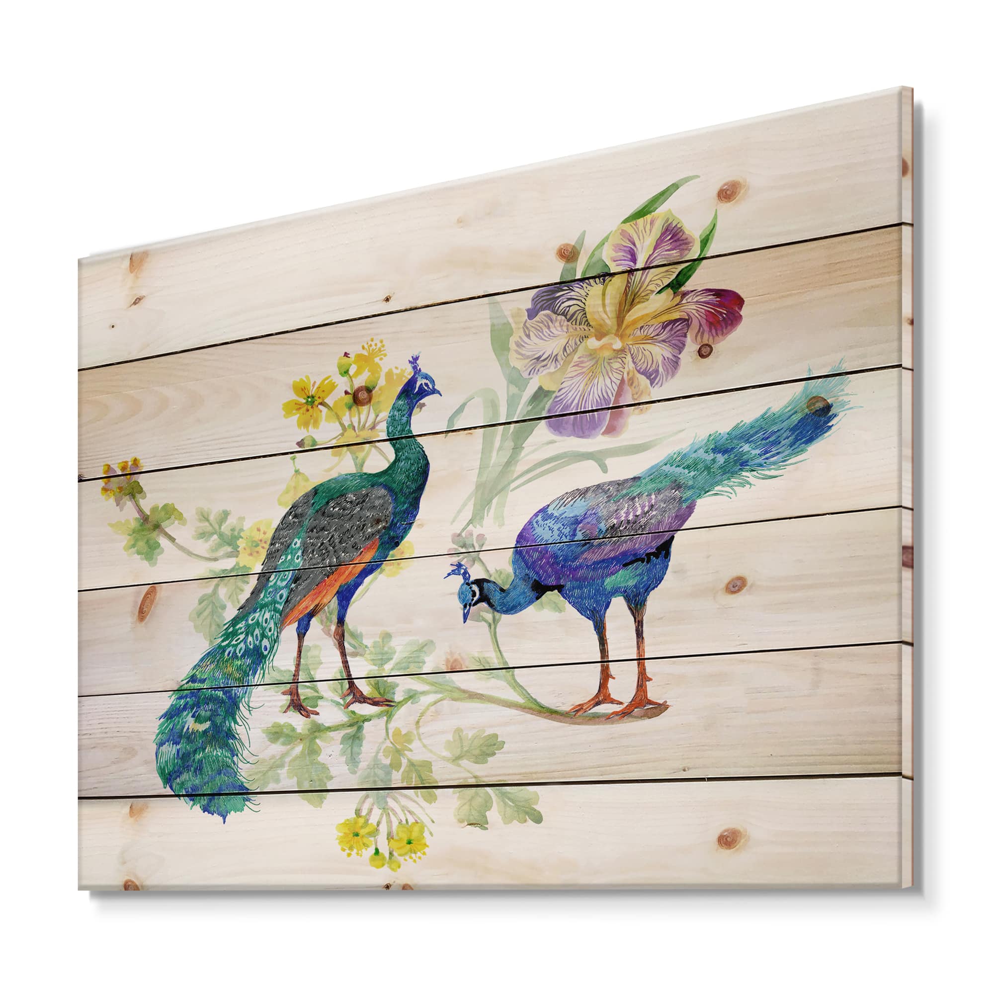 Designart - Peacocks and Iris Flowers - Traditional Print on Natural Pine Wood