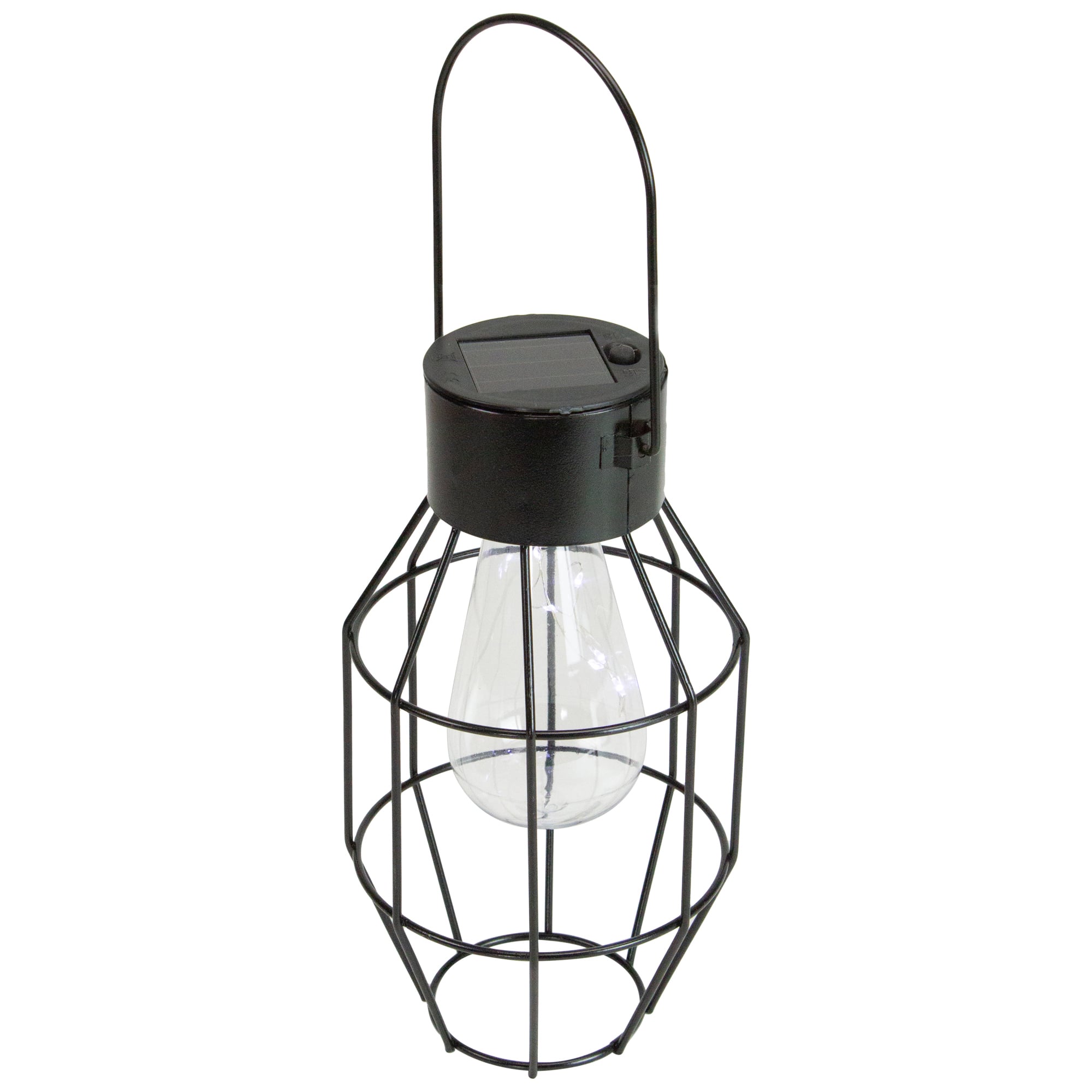 9.5" Black Geometric Oblong Outdoor Hanging Solar Lantern with Handle