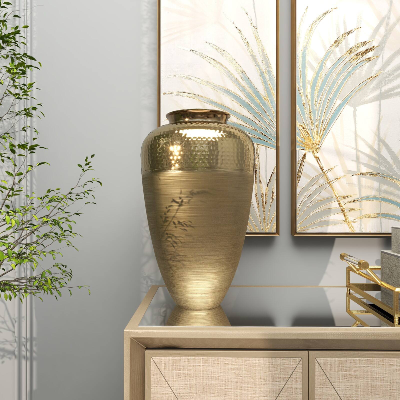 20" Gold Aluminum Brushed Vase with Hammered Top