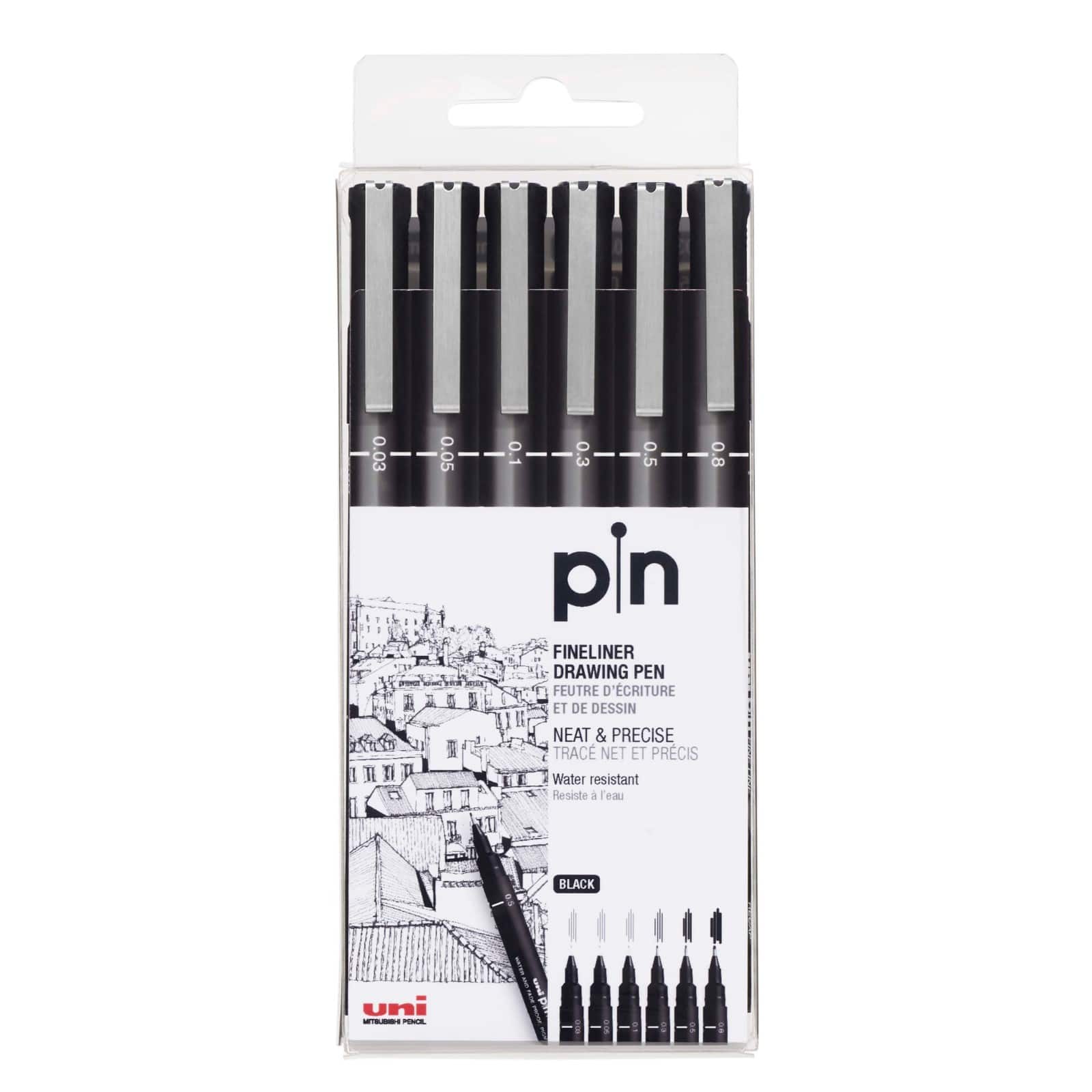 Uni-Ball&#xAE; Pin Black Fineliner Drawing 6 Pen Set