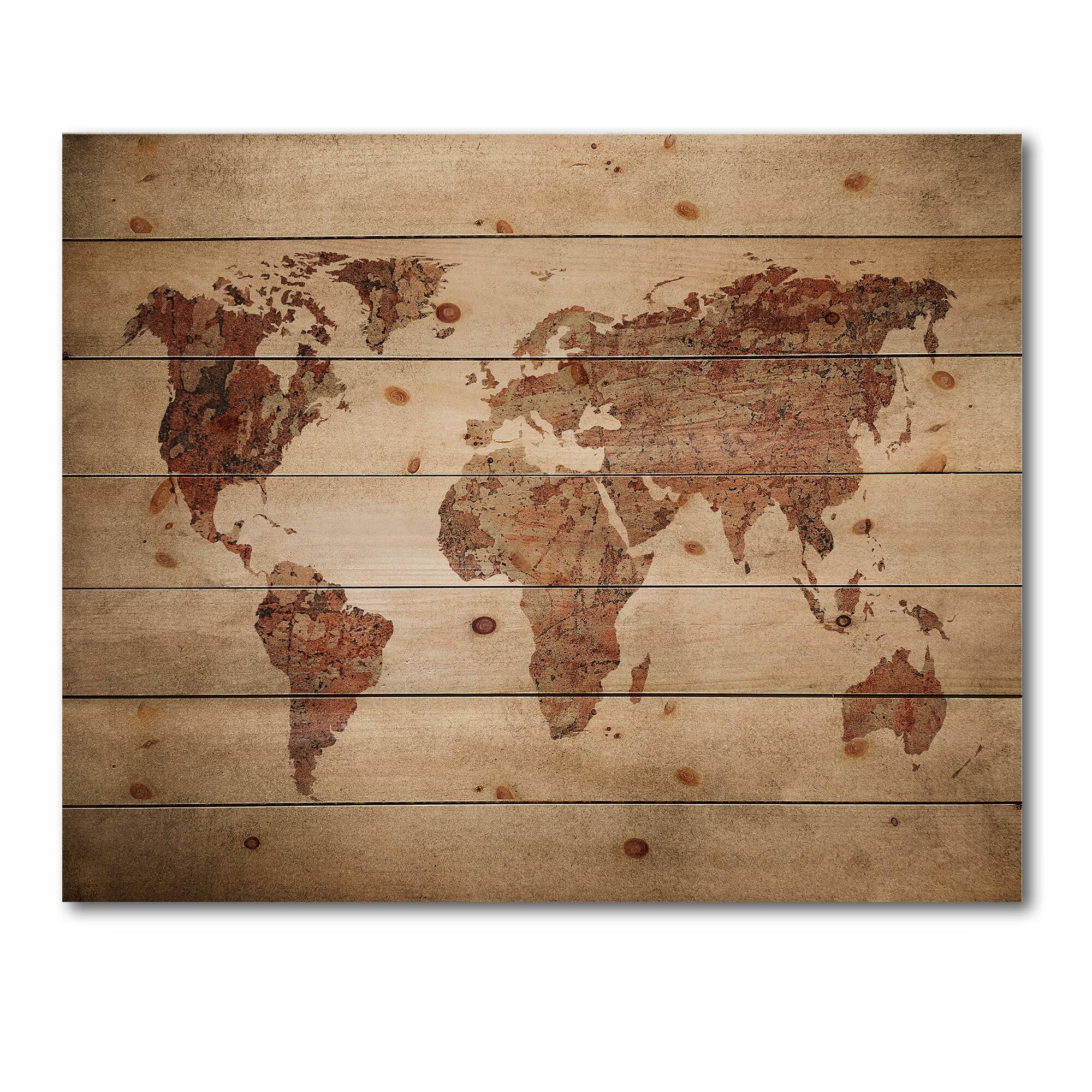 Designart - Ancient Map of The World VII - Vintage Print on Natural Pine Wood