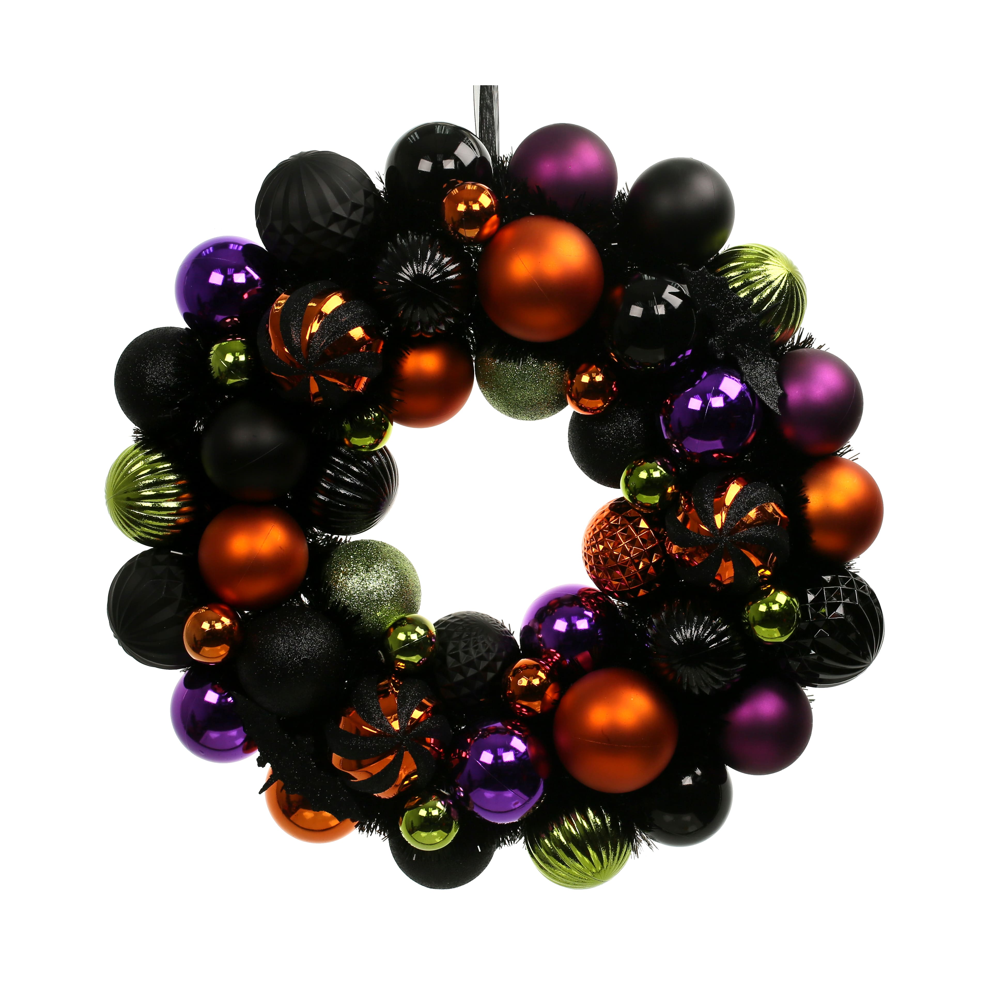 20&#x22; Green, Black &#x26; Orange Ball Ornament Halloween Wreath by Ashland&#xAE;