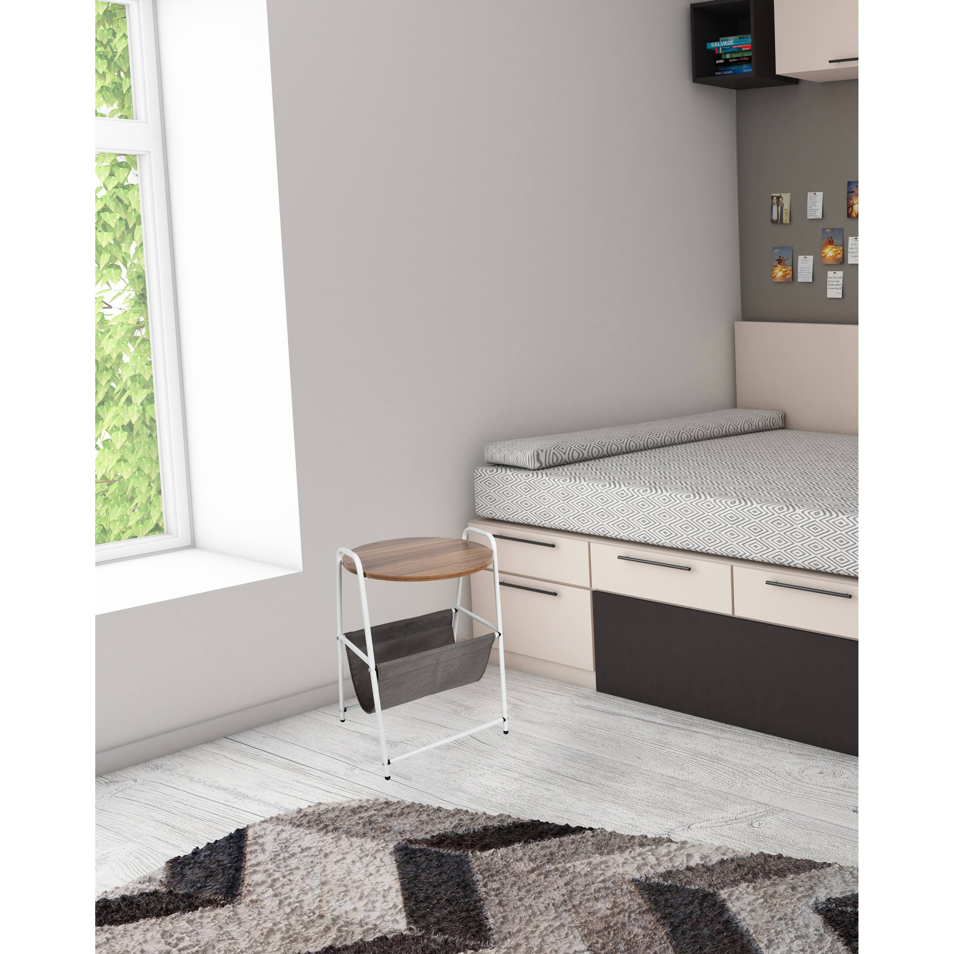 Mind Reader Round Side Table with Fabric Storage Pocket