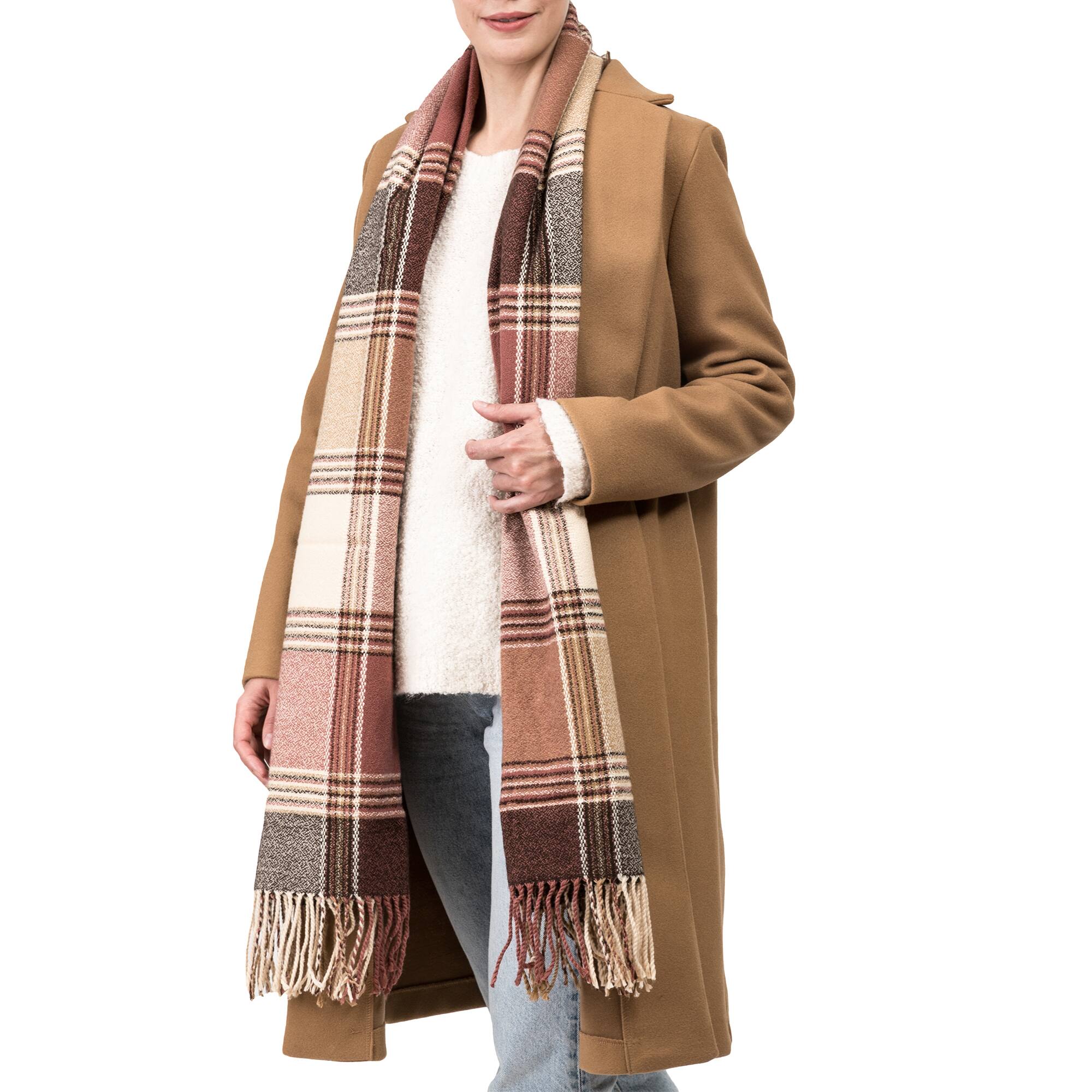 Glitzhome&#xAE; 77&#x22; Pink, Cream &#x26; Gray Plaid Scarf with Tassels