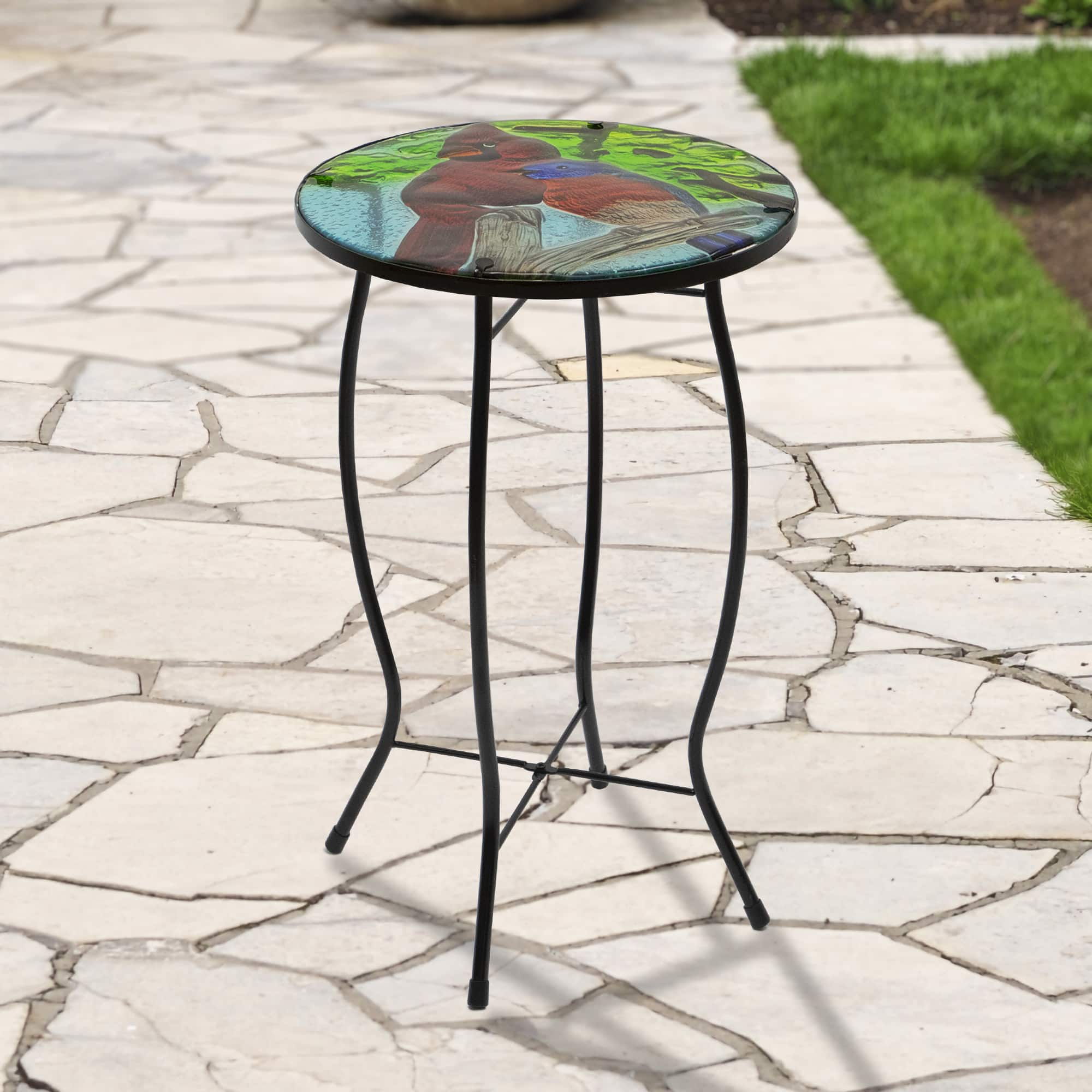 19&#x22; Blue &#x26; Red Cardinal Glass Patio Side Table